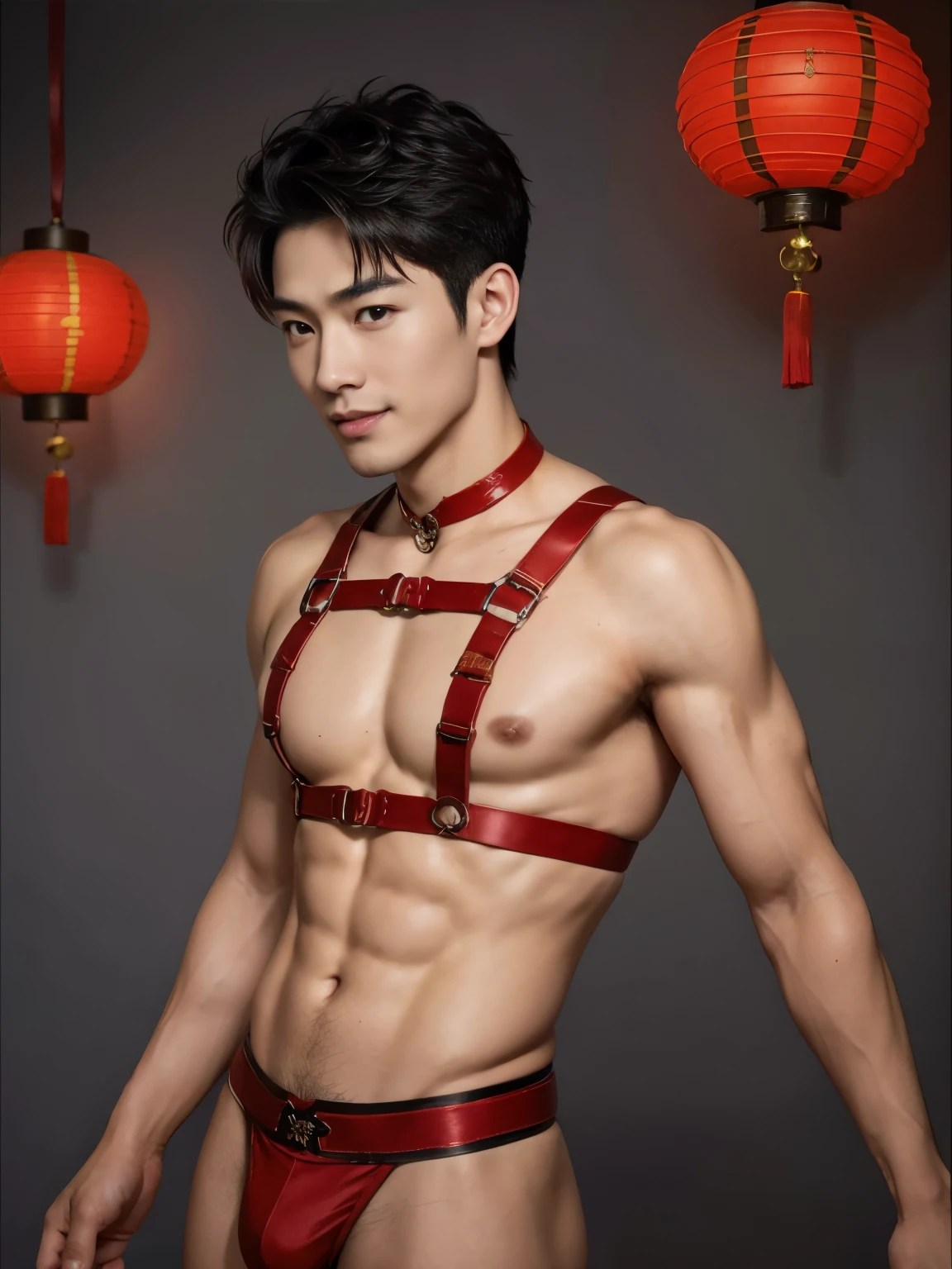 (photorealistic, masterpiece, best quality), handsome asian male, narrow eyed chinese man, smiling, young, slim athletic body, wearing nothing,kinky red chest harness, red garter straps, red Harness strap, red neck strap, athletic physique, slender, no body hair, wearing red micro thong,artistic and magical background, chinese mythology, chinese red lantern, Chinese dragon, lunar new year inspired, reds and golds, fantasy art,