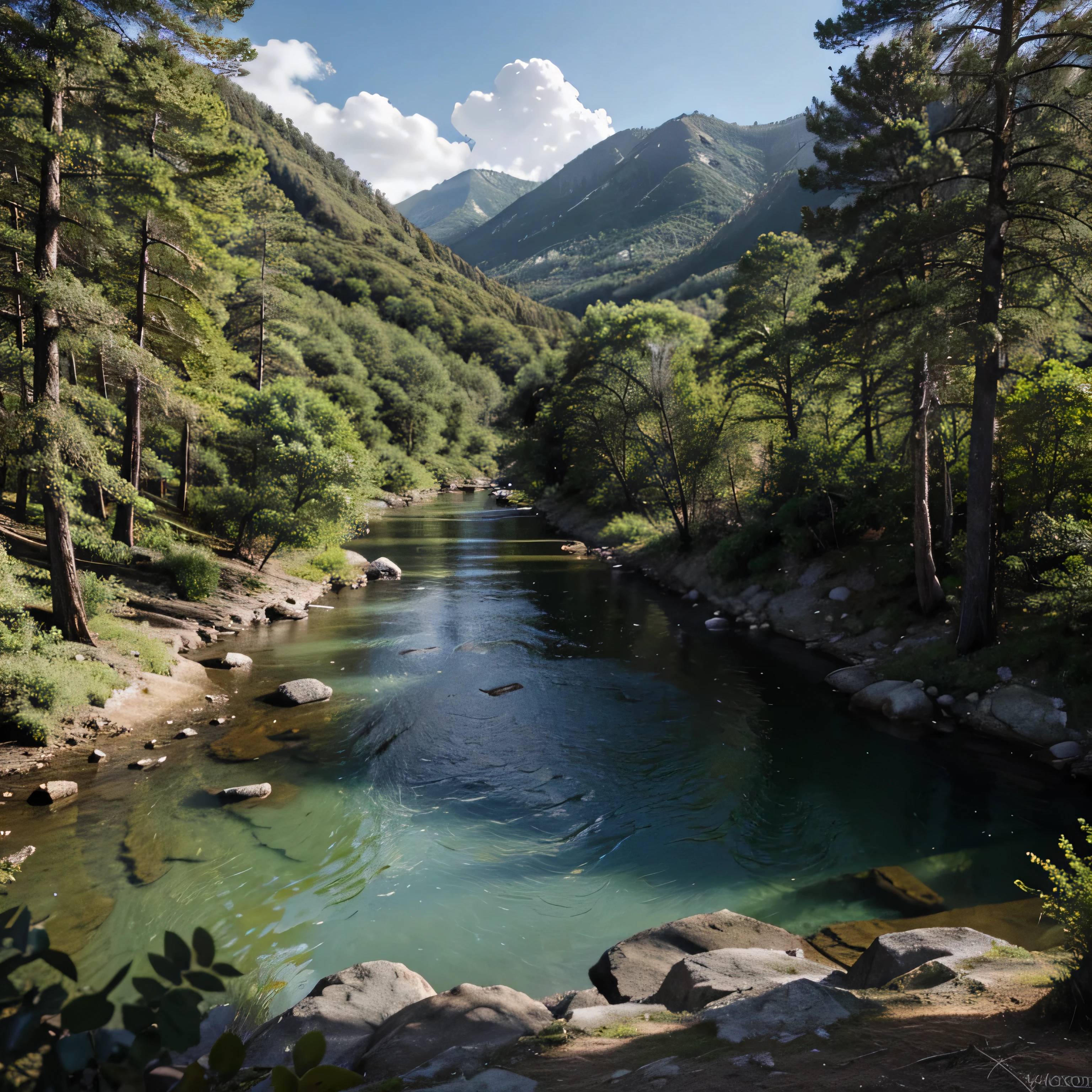 forest landscape top view, spring, island rivers, cinematic