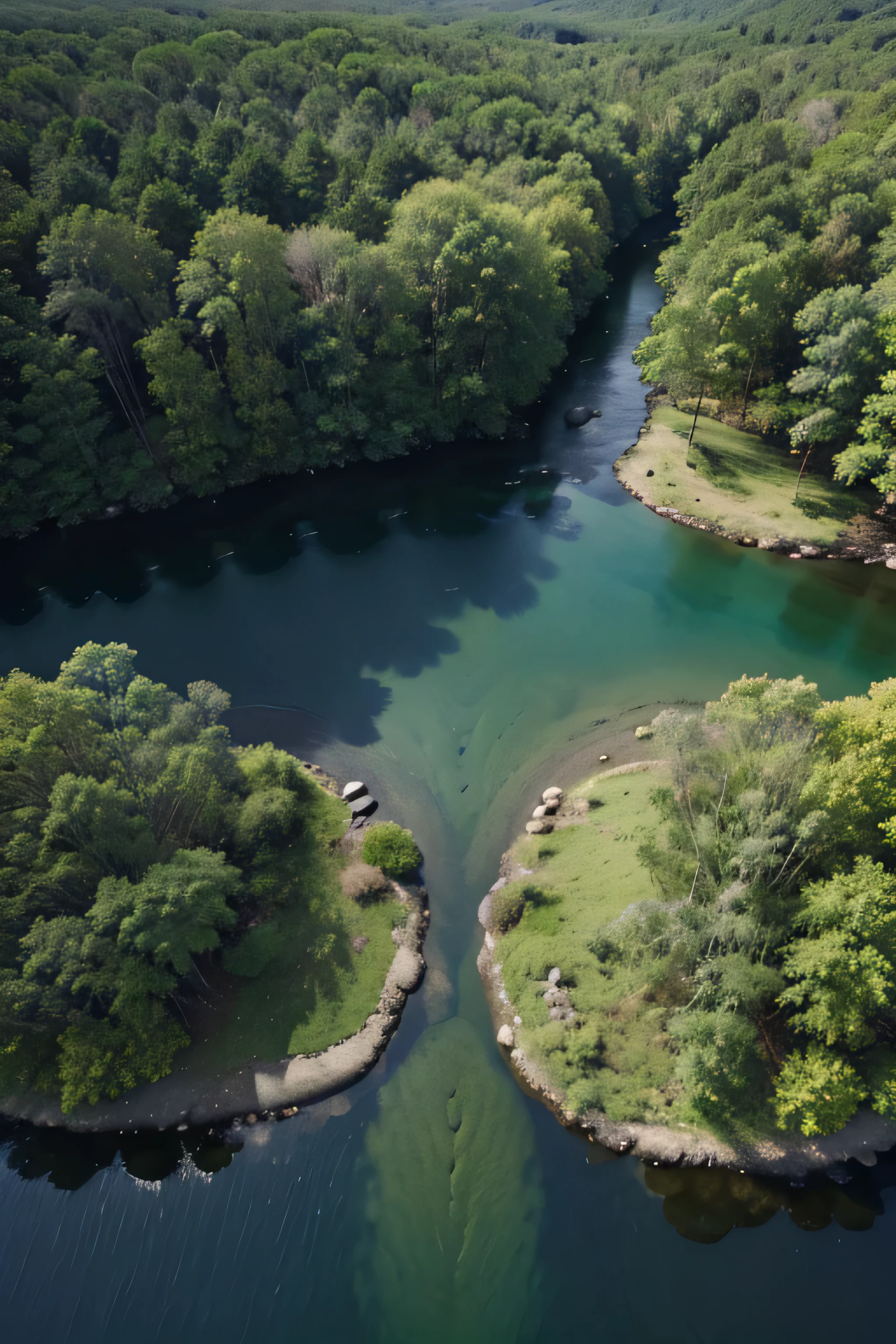 forest landscape top view, spring, island rivers, cinematic