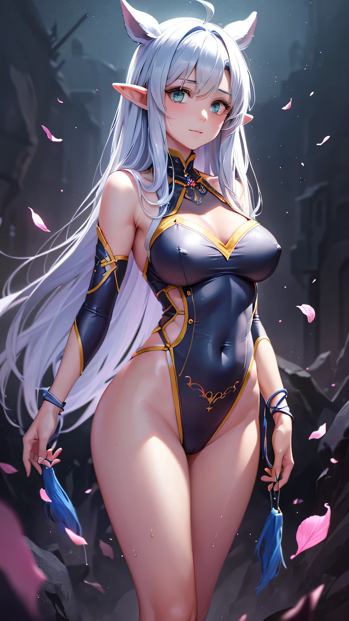(Close-up:1.4)、(RAW photo:1.2)、(photorealistic:1.4)、(masterpiece:1.3)、(最high quality:1.4)、(Beautiful woman with perfect body:1.4)、solo、7 head and body、(cute face)、(cute:1.2)、(full body shot)、(big breasts:1.3)、(beautiful detailed eyes)、(charming big eyes)、(beautiful double eyelids)、(beautiful and detailed face)、(fantasy、Magic Effects、summoner:1.3)、(Half-Elf:1.2)、(silver hair:1.2)、gorgeous dress、trong wind、See-through、Wet、dark hair、slender、small butt、beautiful feet、skinny legs、Surrealism、cinematic lighting、Depth of bounds written、first person perspective、ticker、muste piece、curate、(perfect anatomy:1.2)、textured skin、super detail、high details、high quality、best quality、High resolution、8K、illumination、