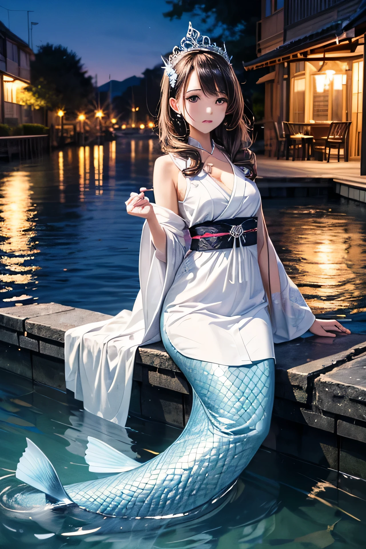 Beautiful mermaid princess wearing a white kimono style dress,night seaside,flat chest,Wrist only