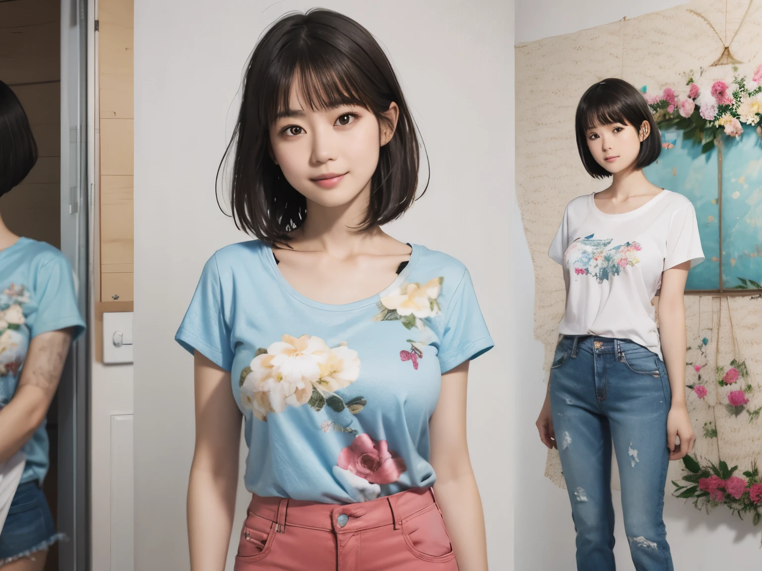 156
(Shorthair:1.46),  (a 20 yo woman, standing), (A hyper-realistic), (Masterpiece), (8KUHD), (gentle smile), Slender waist, Wearing jeans, ((Floral Clothing - T-Shirts)), Wearing long pants, abstract splash painting, (doodle:1.46), (breasts:1.46), (口紅)
