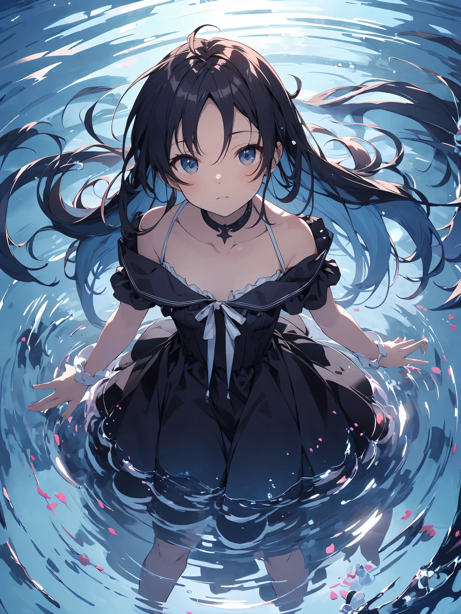 Abyss girl, underwater, depths, deep sea alien girl, cute, black hair, glowing blue eyes