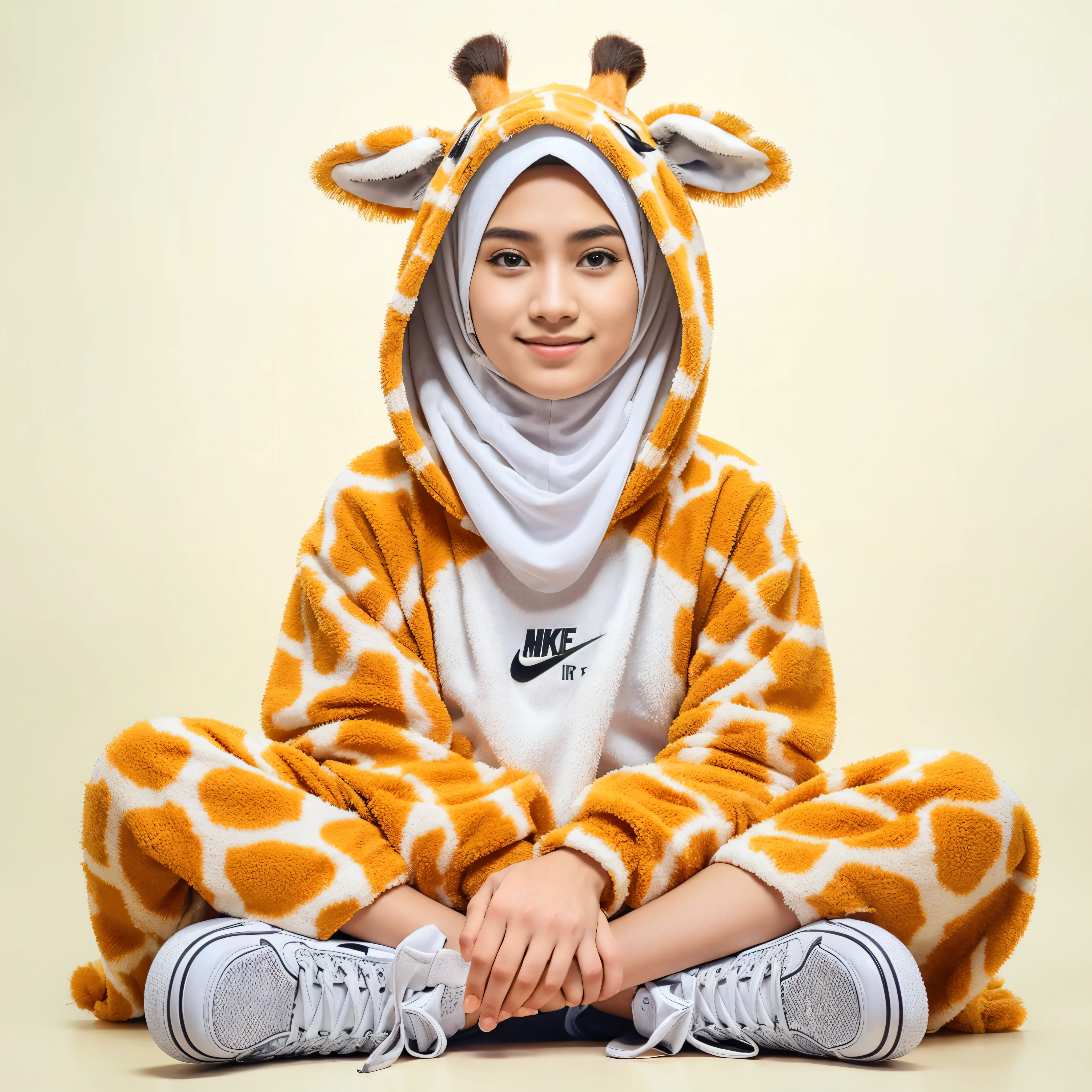 masterpiece of a 16 year old girginal face of Indonesia) wearing an animal costume (giraffe), wearing a hijab, wearing Nike (Air Jordan) shoes, sitting gracefully like a model, cute pose, thin smile, very detailed, bright picture, light yellow background, shooting, photography, realistic photo