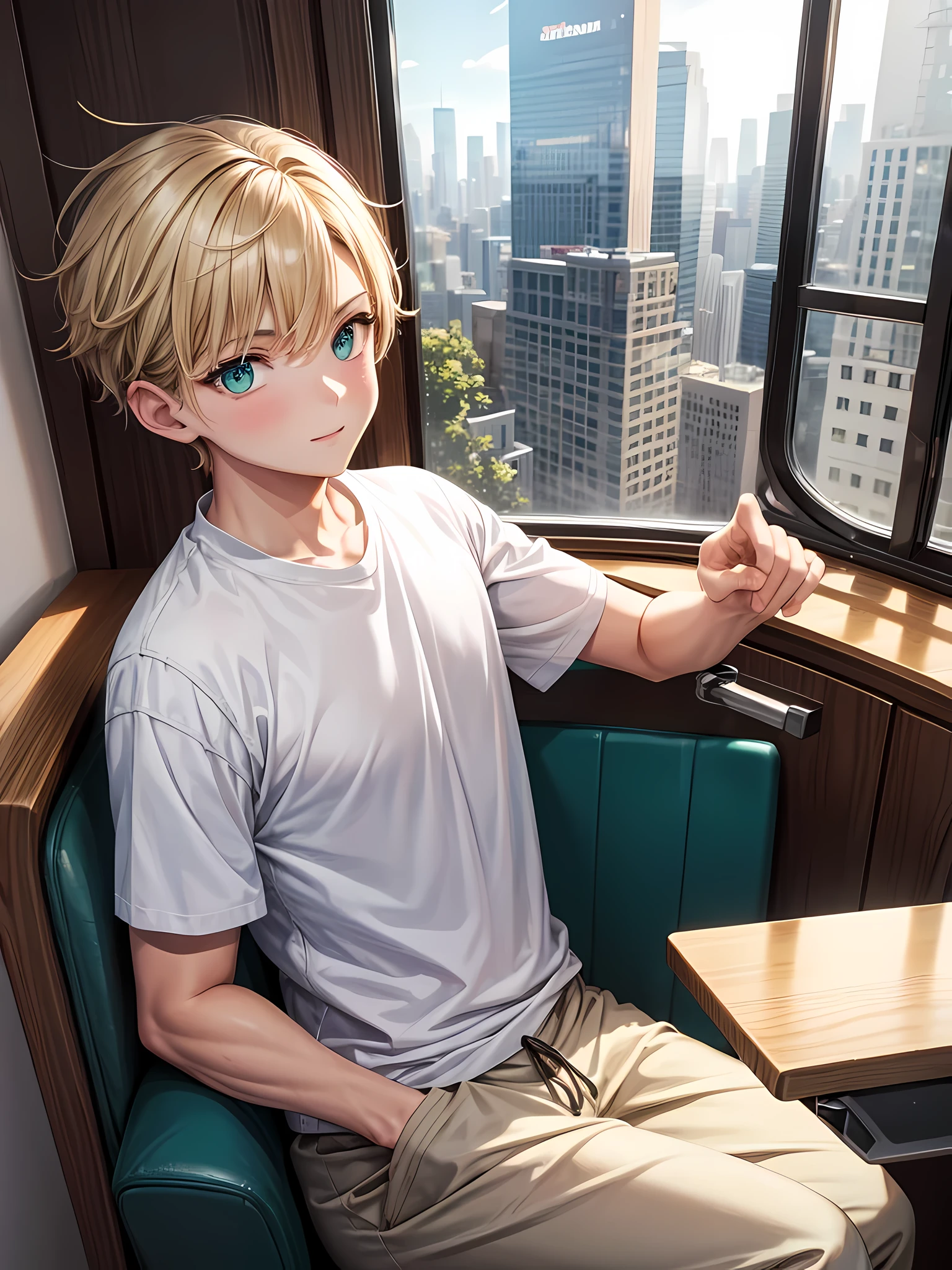 1Junge, dunkelblondes Undercut-Haar, green eyes, wearing a plain white shirt, Jogginghose, Stadt, absurder, High Resolution, ultrascharf, 8 TAUSEND, Meisterwerk, Blick auf den Betrachter