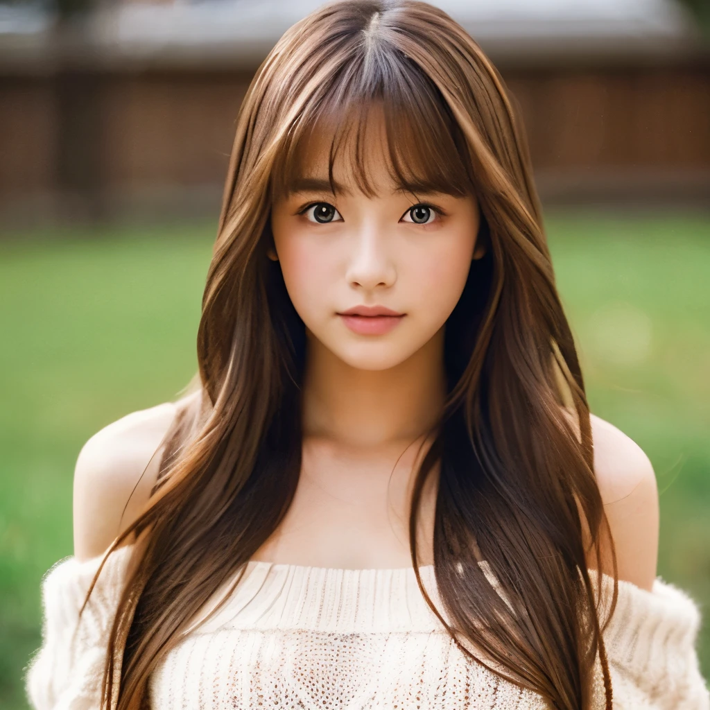 Beautiful brown-haired girl around 18 years old、big breasts、long hair、see-through bangs、Wearing off-shoulder knitwear、