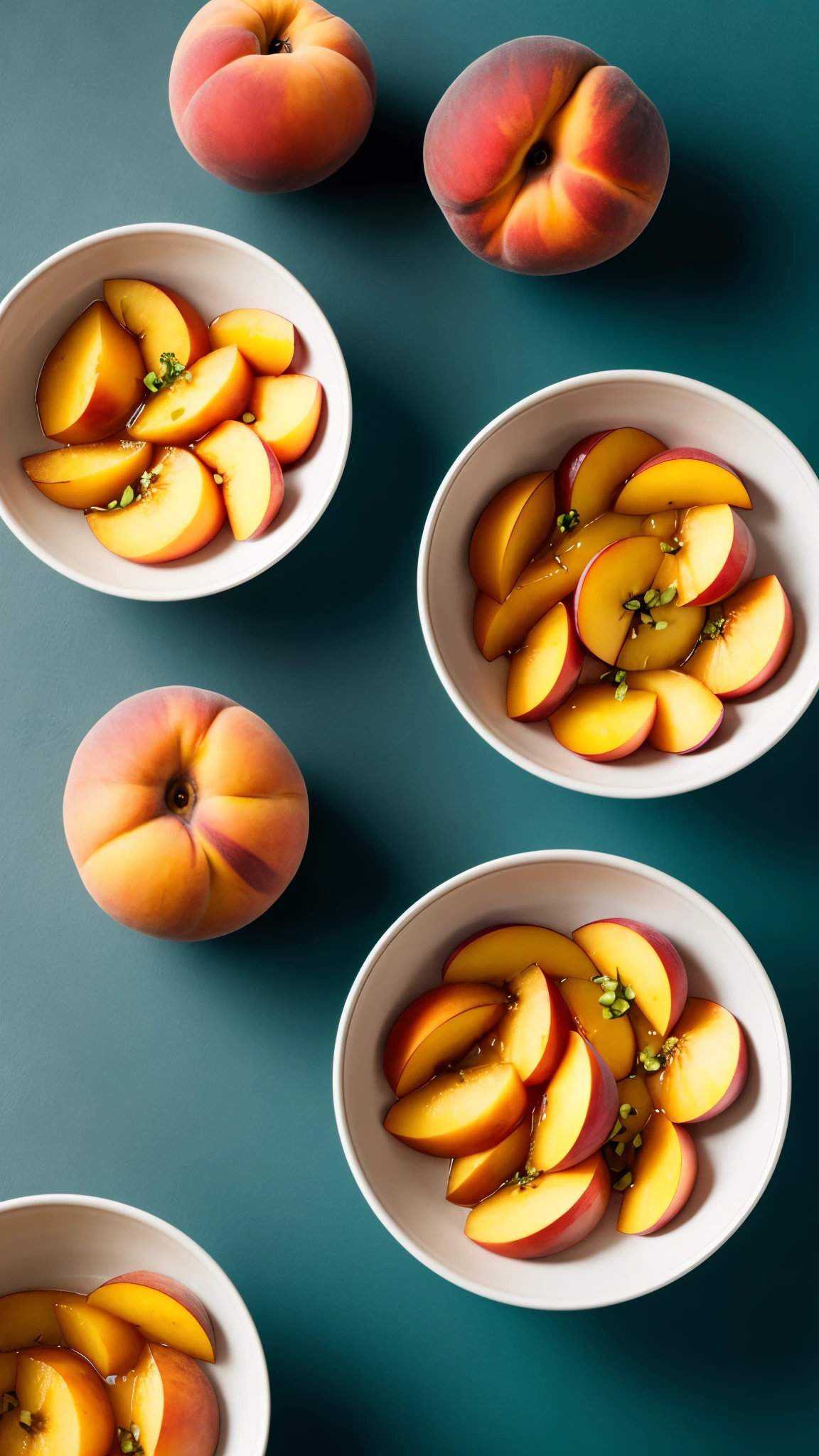 One Bowl, solid colour background, Fresh, delicious peaches in a bowl, professional food photography, 