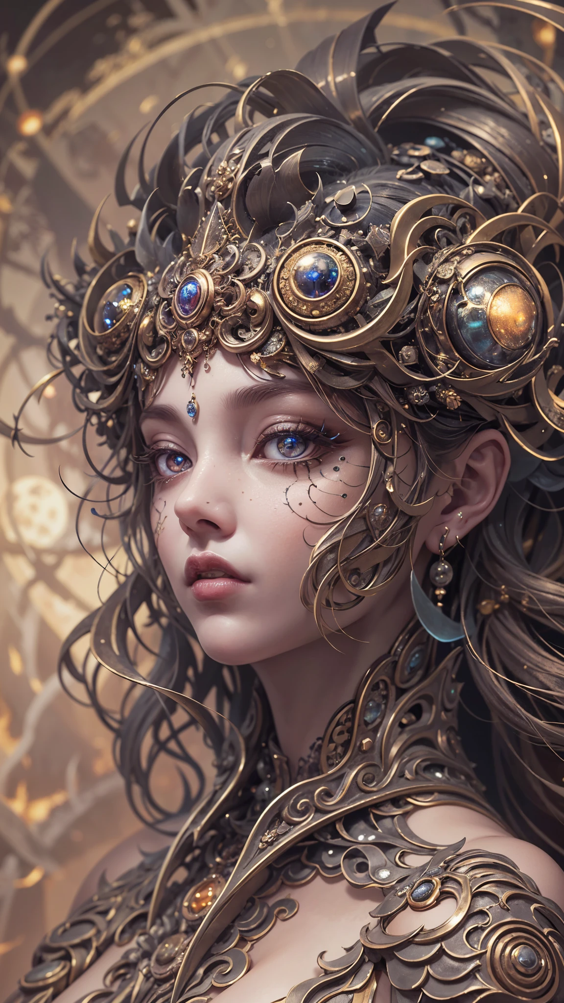 （best qualtiy，ultra - detailed，Most Best Illustration，Best shadow，tmasterpiece，A high resolution，professionalartwork，famousartwork），Detailed eyes，beautidful eyes，closeup cleavage，sci-fy，colored sclera，Robot eyes，face markings，Tattooed with，（fractalized，Fractal eyes），largeeyes，Wide eyes，（Eye focus），sface focus，Cosmic eyes，Space eyes，Close-up of metal sculpture of a woman with a moon in her hair，goddes。extremly high detail，3 d goddess portrait，Extremely detailed footage of the goddess，a stunning portrait of a goddess，Side image of the goddess，portrait of a beautiful goddess，Full body close-up portrait of the goddess，hecate goddess，portrait of a norse moon goddess，goddess of space and time