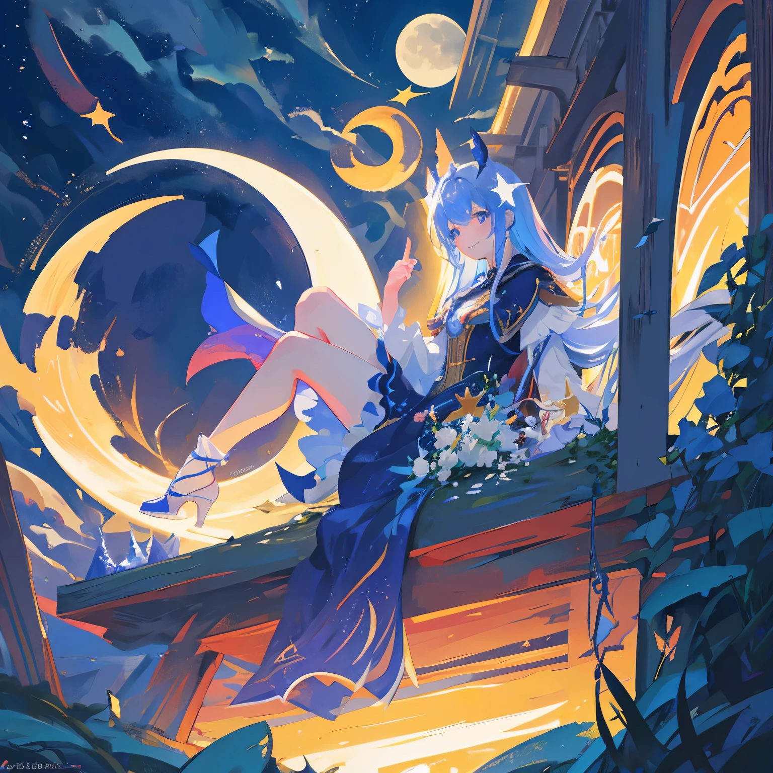 A beautiful moonlit night. girl sitting on the edge of a cliff、clouds at my feet、back view、Star-studded night sky. meteor、彼女は美しい顔とbright colorsの輝く目をしています. She wears a costume with an intricate and beautiful design. Detail view. bright colors. High resolution. fantasy、fantasy、wizard、witch's house、look up at the moon、smile