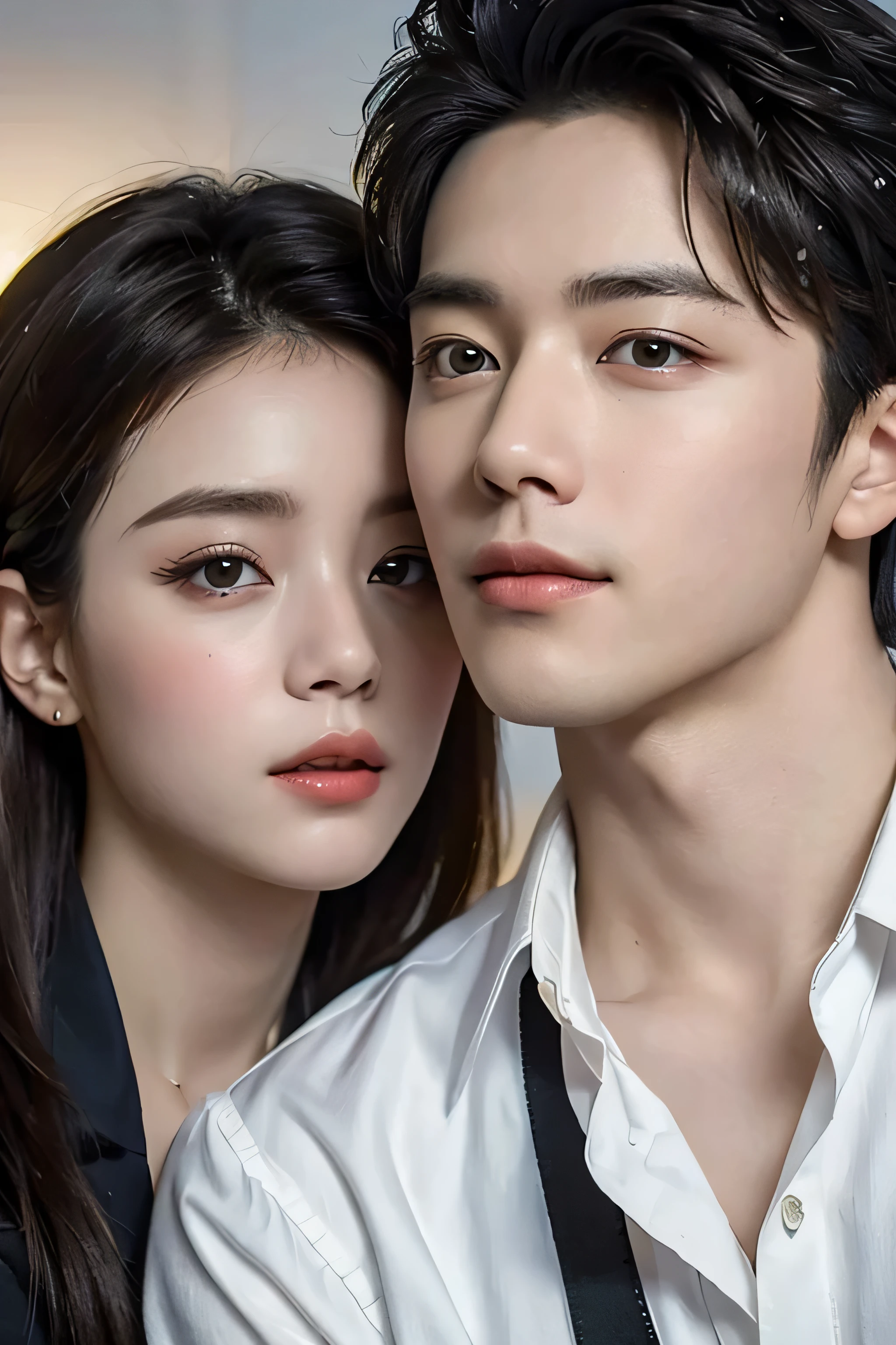 (best quality,4K,8 thousand,mackerel,masterpiece:1.2),very detailed,(realistic,photorealistic,photo-realistic:1.37),beautiful asian couple, And a handsome Asian man, Eye Details, snow korean, Product Details,romantic setting,soft lighting,vivid colors,Portrait painting,bokeh