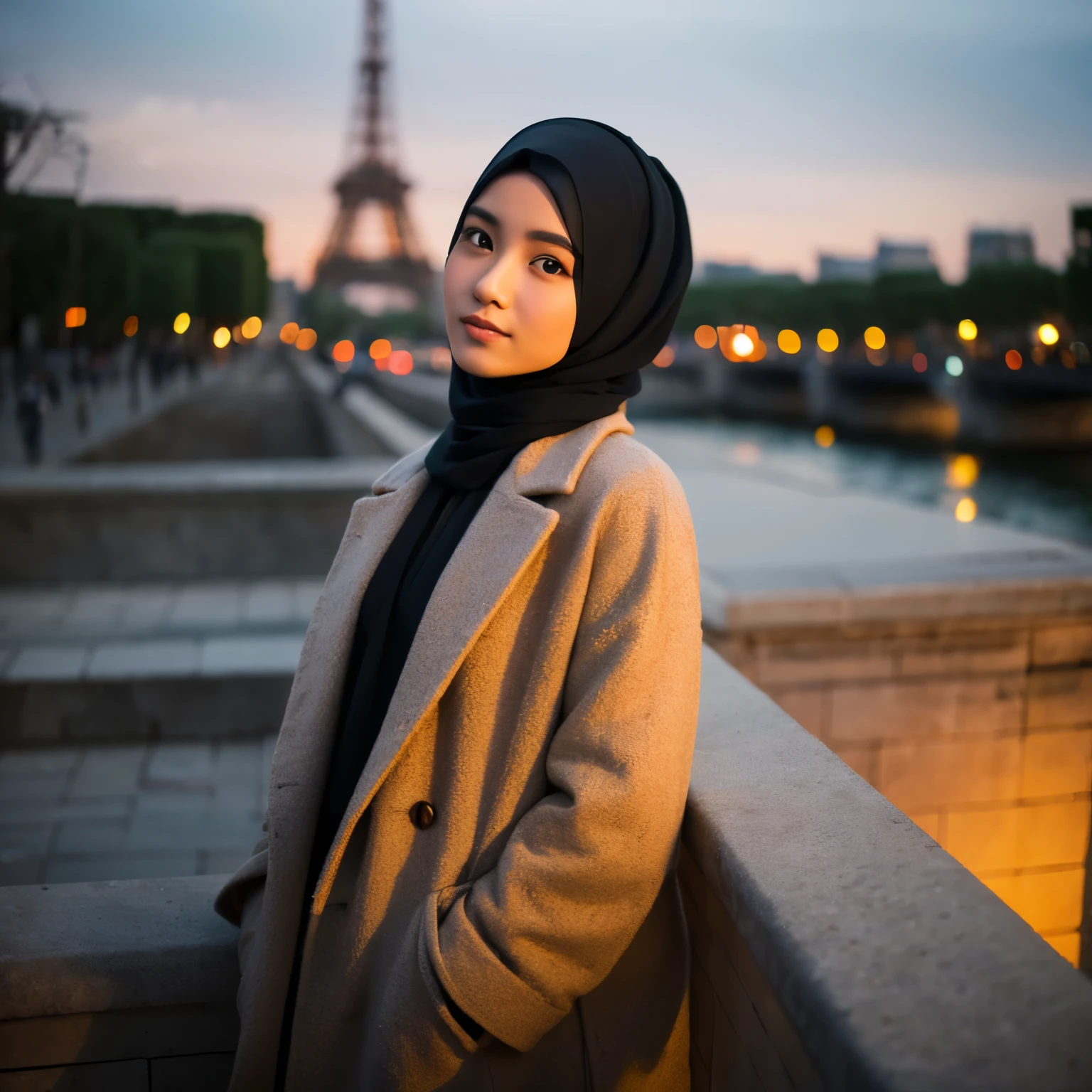 a Javanese Indonesian woman (25 years old, hijab, thin body, Indonesian skin, wearing a thick winter jacket, brown trousers) standing straight like a model in a photo of the Great Paris Eiffel Tower slightly tilted to the side, visible face, night atmosphere, minimal lighting, sunset light. ultra HD, original photo, very detailed very sharp, 18mm lens, realistic, photography, leica camera