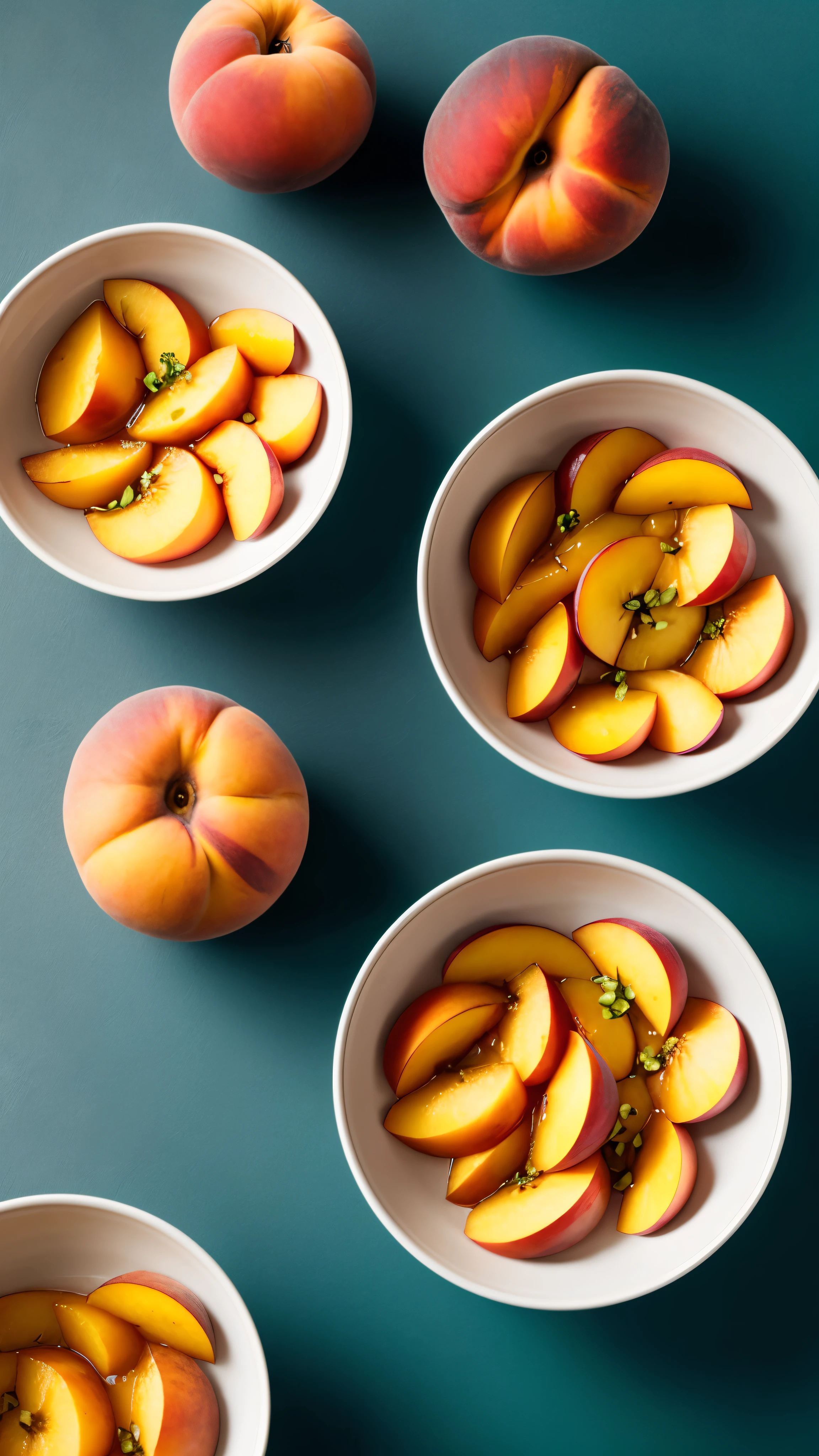 One Bowl, solid colour background, Fresh, delicious peaches in a bowl, professional food photography, 