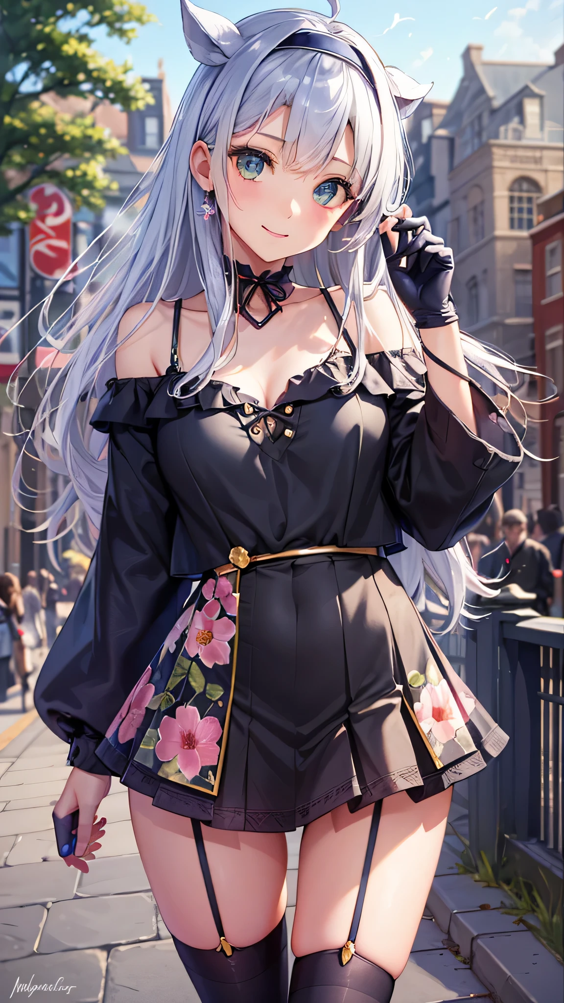 (Close-up:1.4)、(RAW shooting:1.2)、(photorealistic:1.4)、(masterpiece:1.3)、(highest quality:1.4)、solo、7 head and body、(slender and beautiful girl)、cute、(beautiful detailed eyes)、(charming big eyes)、(beautiful double eyelids)、(beautiful and detailed face)、(Medium chest:1.2)、(cleavage)、(full body shot)、8K、(muste piece:1.2)、(Cute off-the-shoulder、mini skirt：1.3)、(大きく開いた胸のCute off-the-shoulder：1.3)、(Sexy model pose with chest sticking out:1.3)、cowboy shot、view audience、(beautiful hands)、(beautiful thighs)、hair blowing in the wind、cute系、flower gardenに座る、flower garden、outdoor、(perfect anatomy:1.2)
