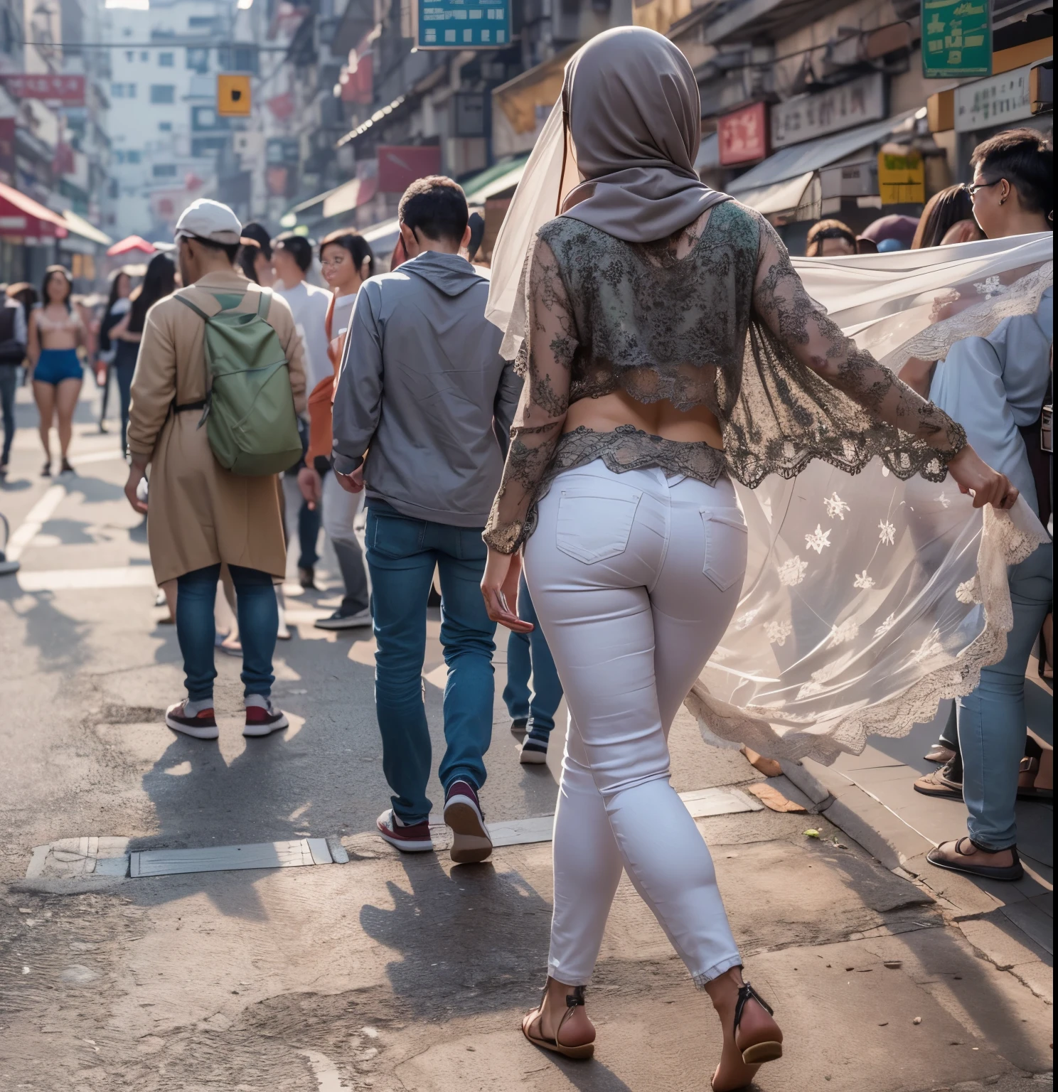 1 malay woman in hijab,((tight white high waist jeans and green lace bra)),(Small buttocks),Emphasize ass,big round ass, Smaller chest,Clothes are sheer,Smiling smile, (hijab flying), de pele branca,big breasts thin waist, hongkong style street, Hyper-Realism, Cinematic lighting, depth of fields, From below, from back, vanishing point, F/2.8,  Anatomically correct, Textured skin, Super Detail, awardwinning, Best Quality, hight resolution,big butt