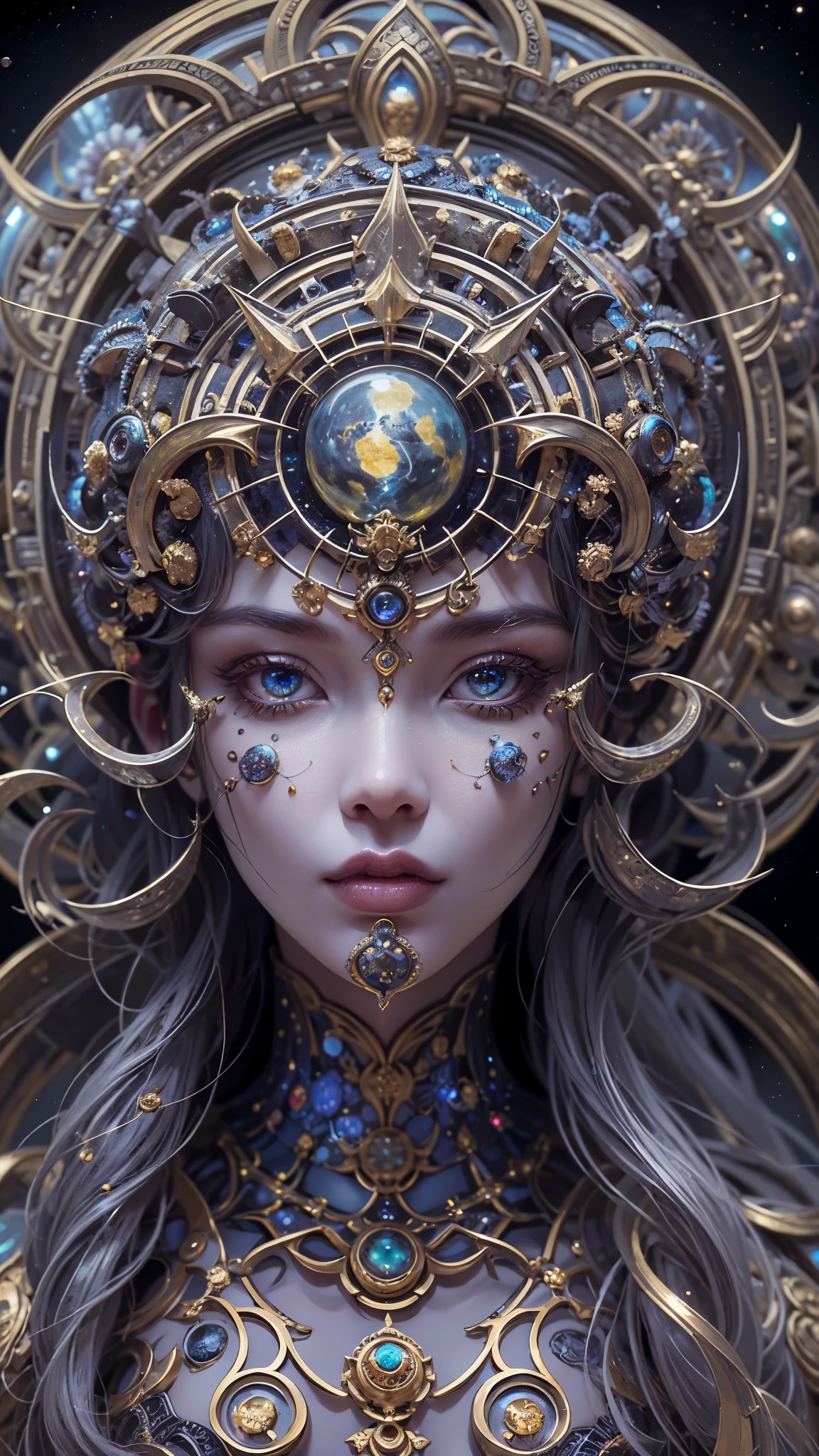 （best qualtiy，ultra - detailed，Most Best Illustration，Best shadow，tmasterpiece，A high resolution，professionalartwork，famousartwork），Detailed eyes，beautidful eyes，closeup cleavage，sci-fy，colored sclera，Robot eyes，face markings，Tattooed with，（fractalized，Fractal eyes），largeeyes，Wide eyes，（Eye focus），sface focus，Cosmic eyes，Space eyes，Close-up of metal sculpture of a woman with a moon in her hair，goddes。extremly high detail，3 d goddess portrait，Extremely detailed footage of the goddess，a stunning portrait of a goddess，Side image of the goddess，portrait of a beautiful goddess，Full body close-up portrait of the goddess，hecate goddess，portrait of a norse moon goddess，goddess of space and time