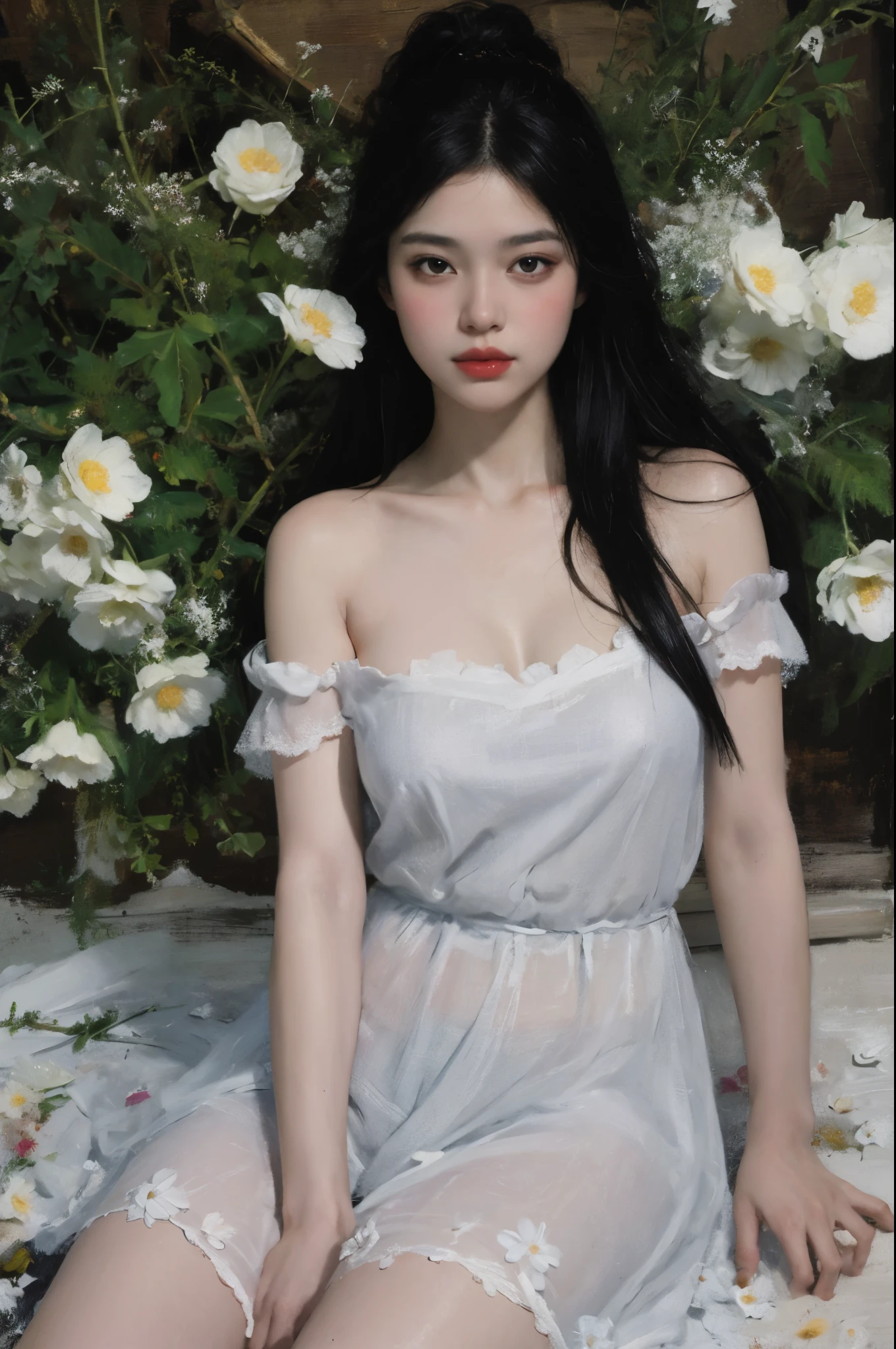  (oil painting:1.5),
\\
a woman with long black hair and white flowers in her hair is laying down in a field of white flowers, (amy sol:0.248), (stanley artgerm lau:0.106), (a detailed painting:0.353), (gothic art:0.106)