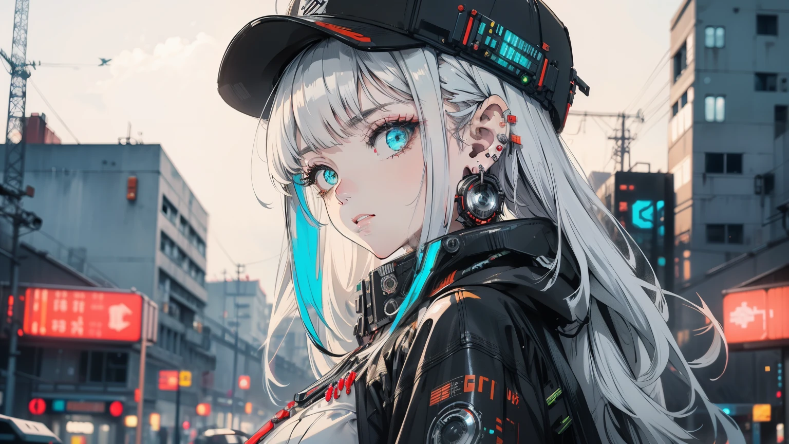 1 Girl, Solo, Colorful, green Eyes, black and white mixed red Cyberpunk, Mechanical Scrap Zone, Cityscape, Stud Earrings, Long Messy White Hair, Mechanical Hat, Mechanical Body, Robotic Arm, Mecha, Robot, Mechanical Maiden, Neon Lights, Beautiful Lights, Character Focus, CG Illustration, Bust Shot, 8k Resolution, Very Detailed, Anatomically Correct, Digital Painting, Concept Art, Clear Picture