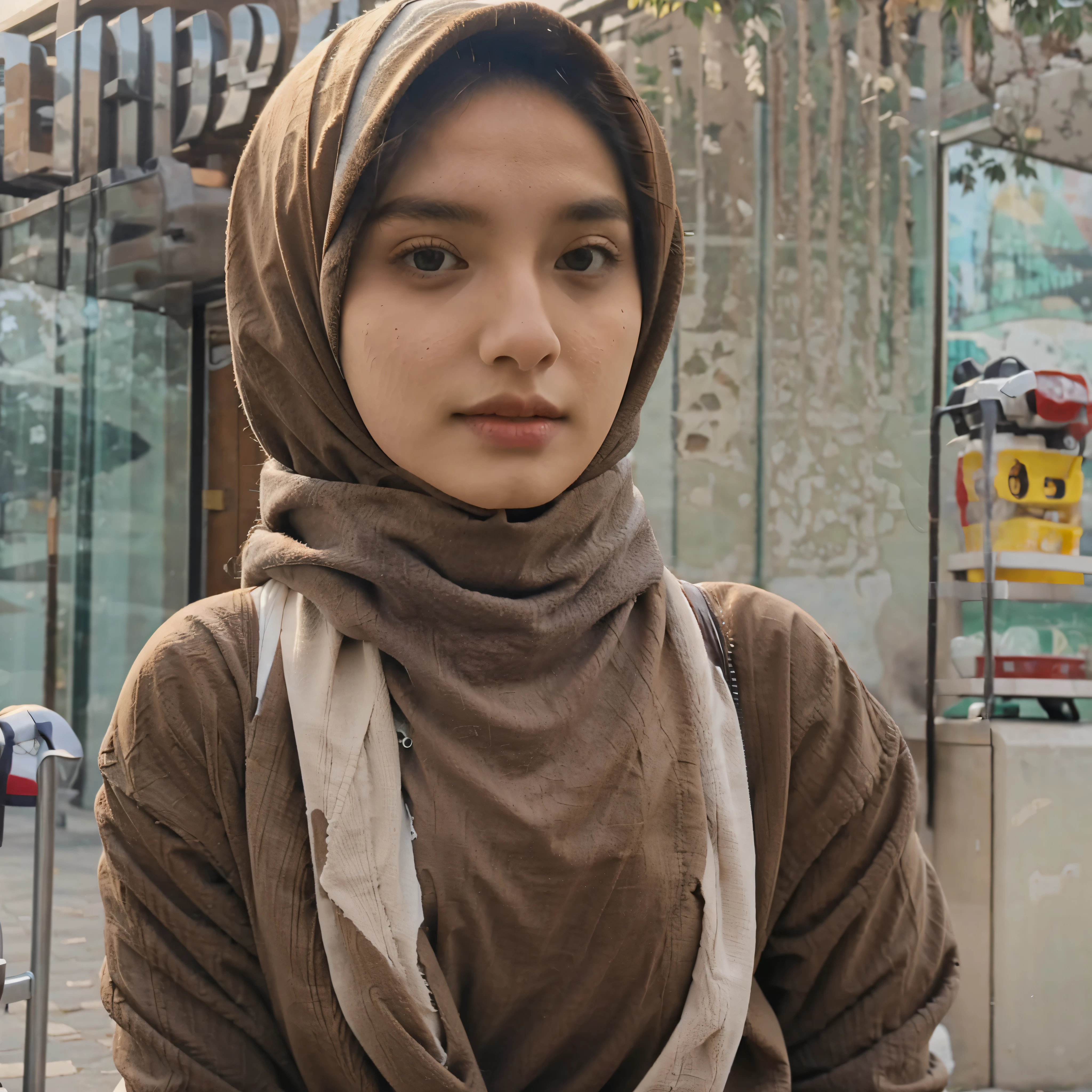 Beautiful woman wearing a hijab wearing all brown clothes, Sitting on a park bench