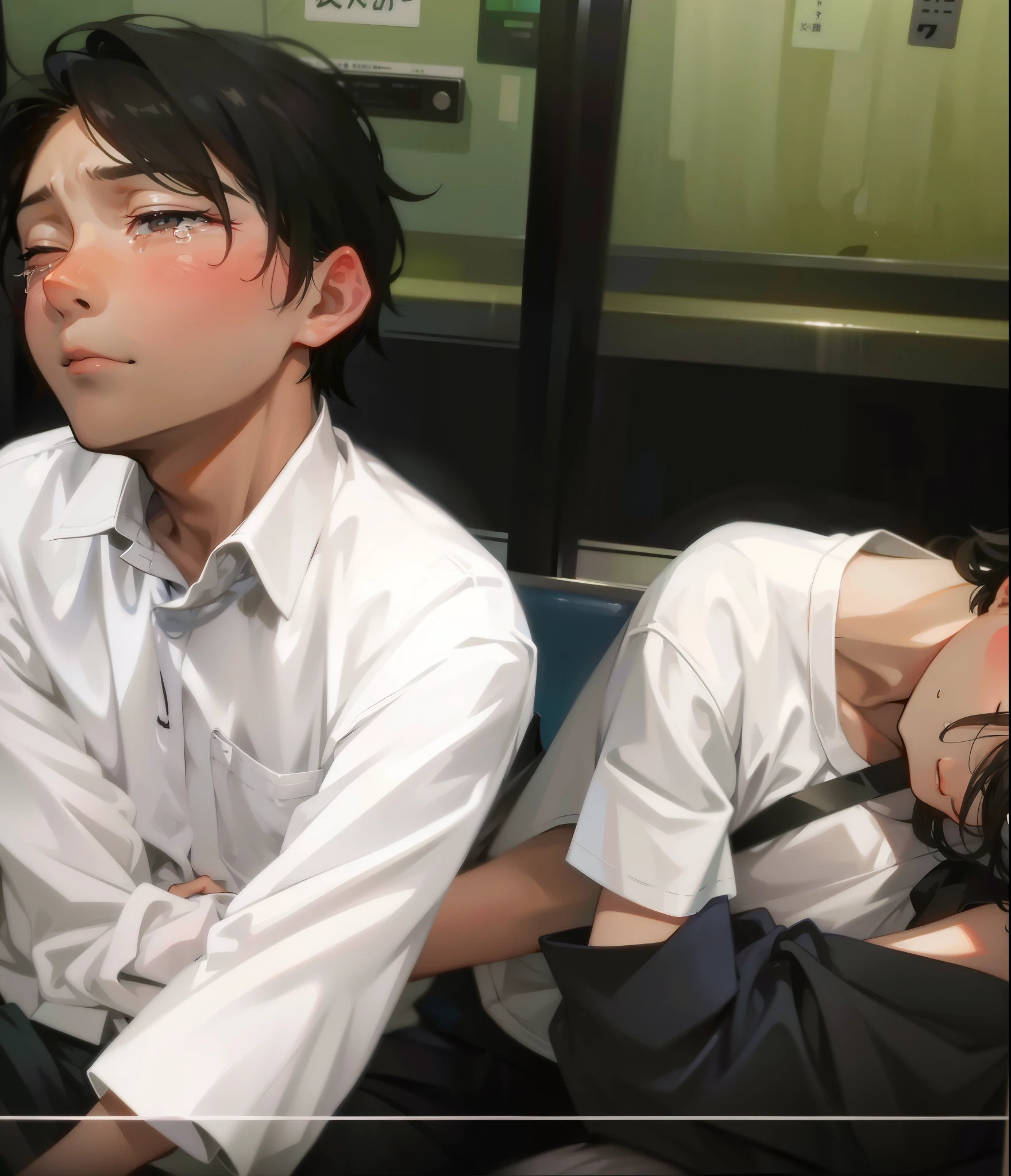there are two people sitting on a bus with their heads down, sleepy expression, they are very serious, sad man, crying eyes closed!, sleepy eyes, sleepy feeling, hyper realistic anime, trending in japan, two exhausted, tired expression, sad expression, sleepy, people crying, very creepy, he is sad, extremely uncomfortable, very sad, spine-chilling
