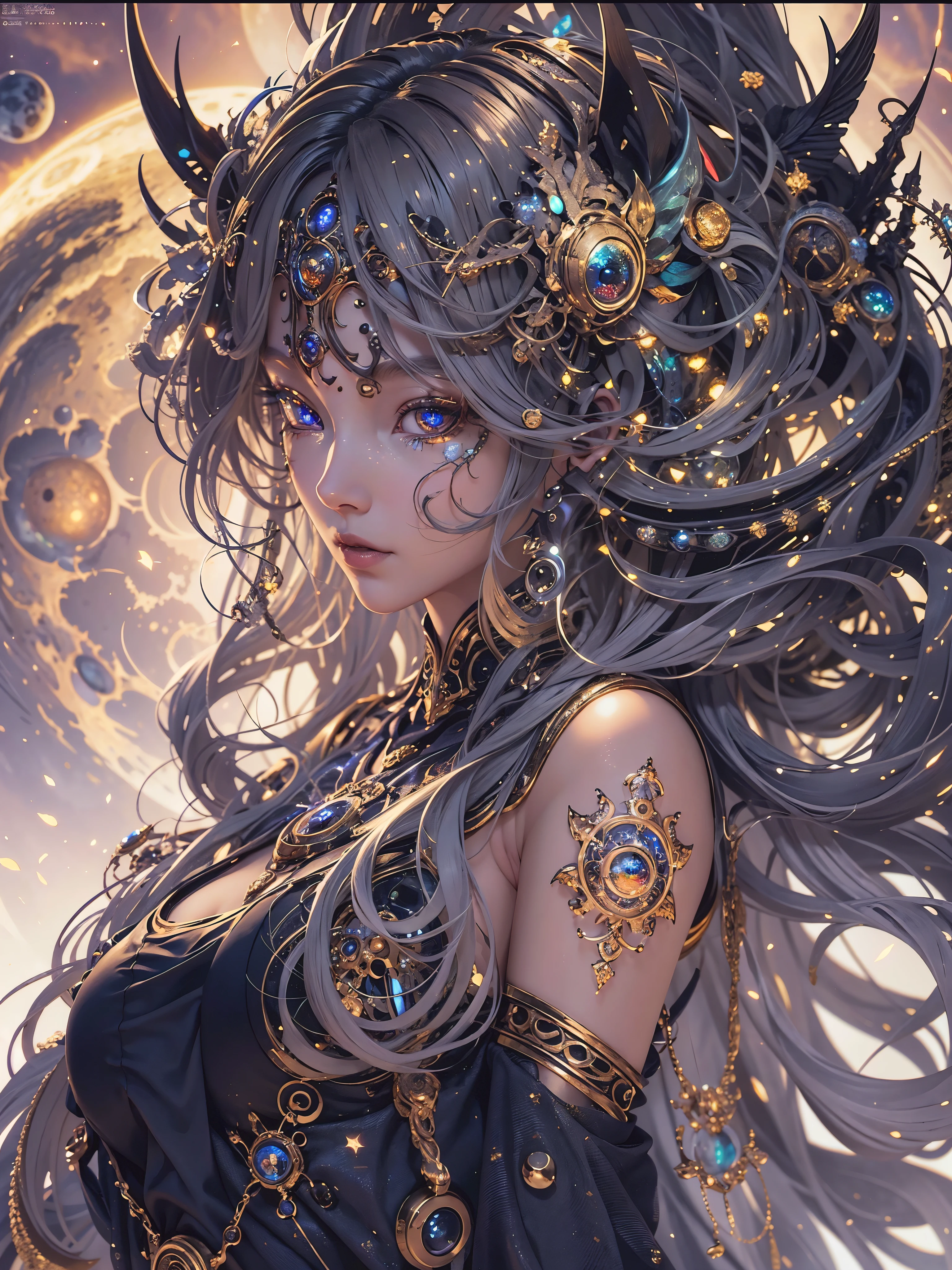 （best qualtiy，ultra - detailed，Most Best Illustration，Best shadow，tmasterpiece，A high resolution，professionalartwork，famousartwork），Detailed eyes，beautidful eyes，closeup cleavage，sci-fy，colored sclera，Robot eyes，face markings，Tattooed with，（fractalized，Fractal eyes），largeeyes，Wide eyes，（Eye focus），sface focus，Cosmic eyes，Space eyes，Close-up of metal sculpture of a woman with a moon in her hair，goddes。extremly high detail，3 d goddess portrait，Extremely detailed footage of the goddess，a stunning portrait of a goddess，Side image of the goddess，portrait of a beautiful goddess，Full body close-up portrait of the goddess，hecate goddess，portrait of a norse moon goddess，goddess of space and time