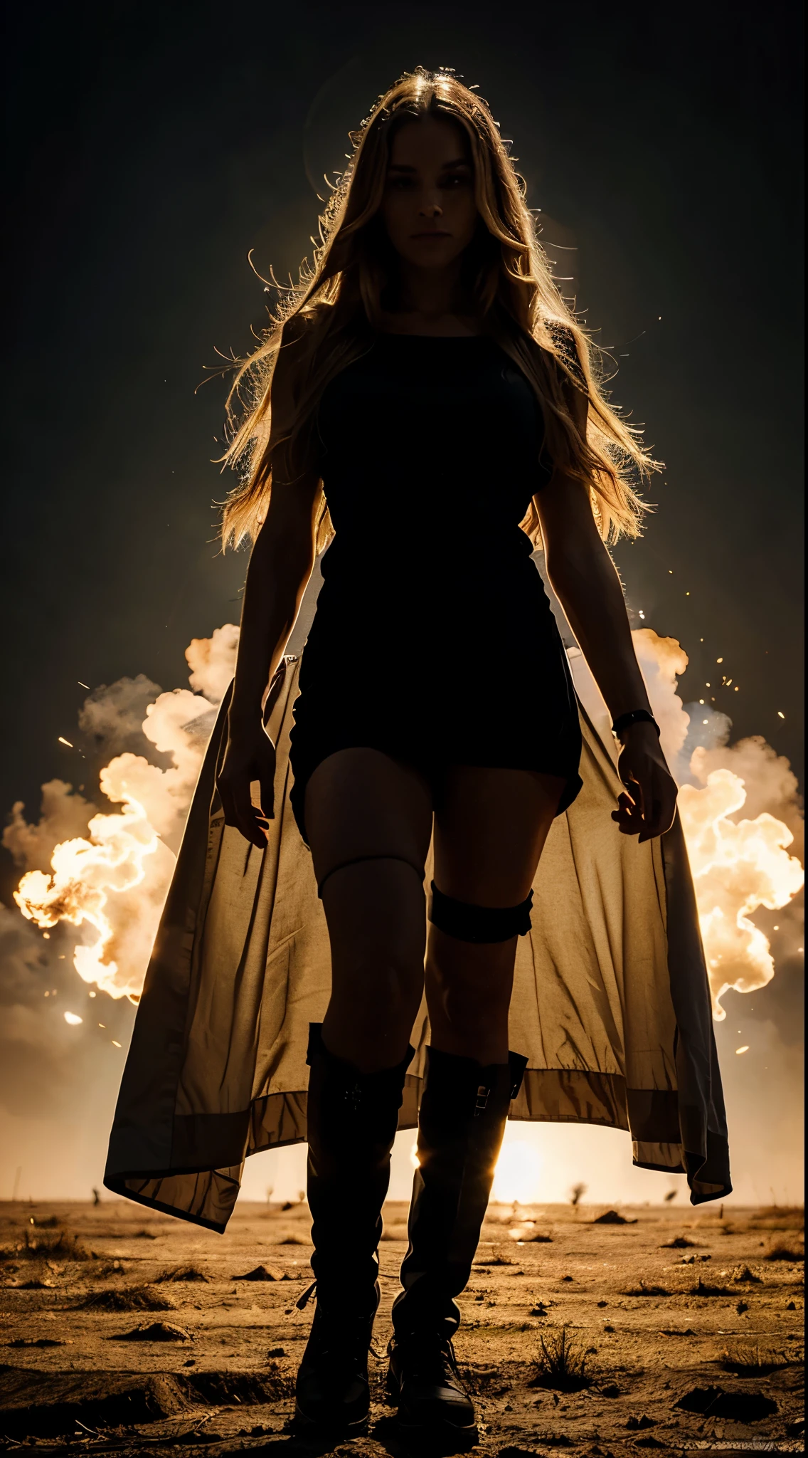 full body, 40 years old, long straight blond hair, brown eyes, slim, silhouette in an art print with Jesus shape, in the style of epic portraiture, double exposure, isolated landscape, dynamic and action-packed, vector, strong use of negative space