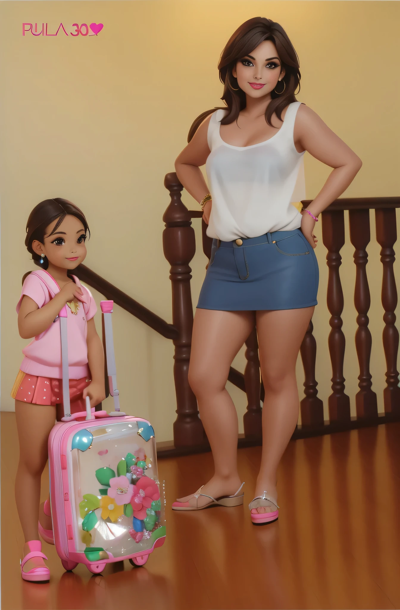 There is a woman and a girl next to a suitcase, modelagem para doces e gabanna. mulher de 30 anos, Pequeno . Mulher com pele branca bronzeada e cabelos escuros. Ela tem cerca de 38 anos. slightly plump lips, olhos castanhos escuros. Corpo fino. cintura fina. corpo perfeito, Your face is the definition of beauty. Altamente realista, Lindo, batom cor de rosa, sorriso, hiperrealismo, pele muito elaborada. foto de corpo inteiro, Limpar foto, alta qualidade, high resolution, obra de arte, 8k.