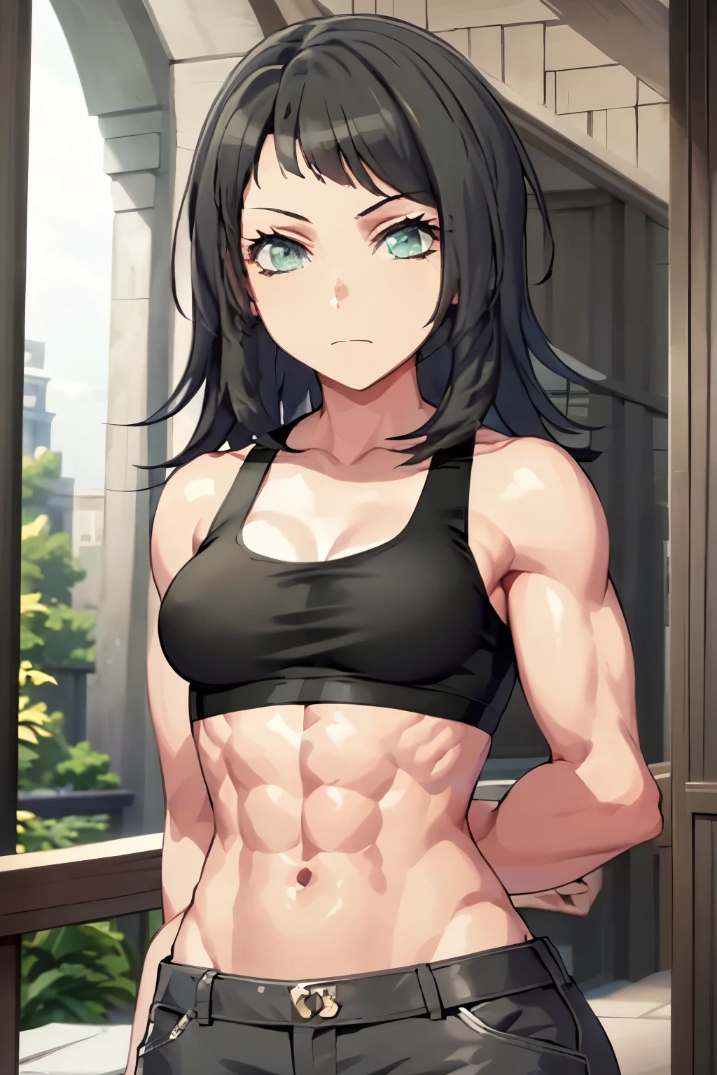 expressionless,medium hair,(((upper body))) ,,clavicle,abs,,(((( muscular female)))) ,cg,,,,( breasts),,(best quality), (masterpiece), , umiriyahata,, closed mouth, green eyes, , ,,BLACK bra,BLACK pants,,,arm muscles , arms behind back