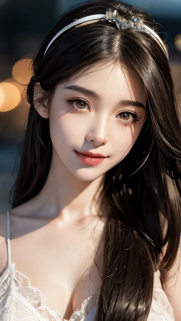 best quality, masterpiece, ultra high resolution, lifelike, (panoramic:1.5), (1 girl),(long hair),(hair accessories:1.4),女孩的身边有一座古老的宫殿whole body黑丝,black sharp focus, Good shape, whole body,Random pose reference, Single eyelid eyes, high nose bridge、pointed nose, V-shaped face, pale skin, Smile, Bokeh