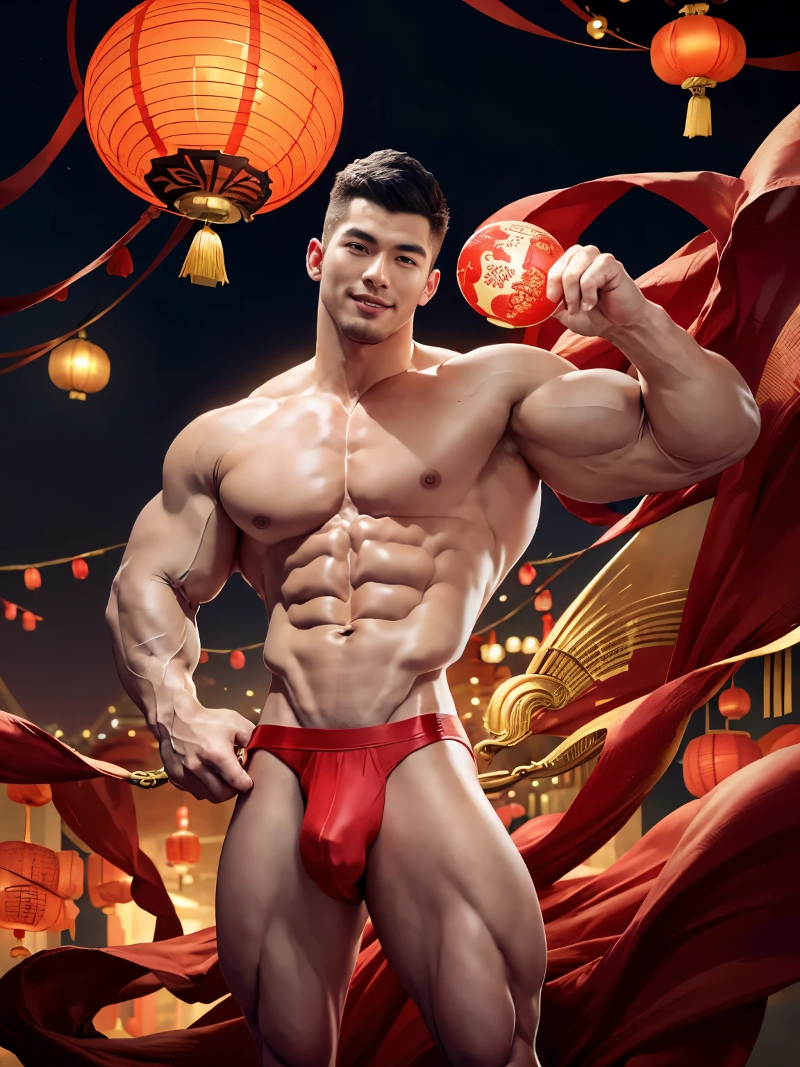 (photorealistic, masterpiece, best quality), handsome asian male, chinese man, smiling, young, slim athletic body, wearing nothing, athletic physique, slender, no body hair, wearing red micro thong, artistic and magical background, chinese mythology, Chinese red lanterns in the background, Chinese dragon in the backdrop, lunar new year inspired, reds and golds, fantasy art,