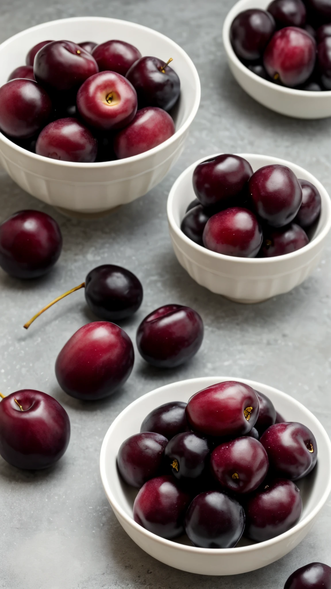 solid colour background, Fresh, delicious plums in a bowl, a bowl Full of fresh plums, professional food photography, 