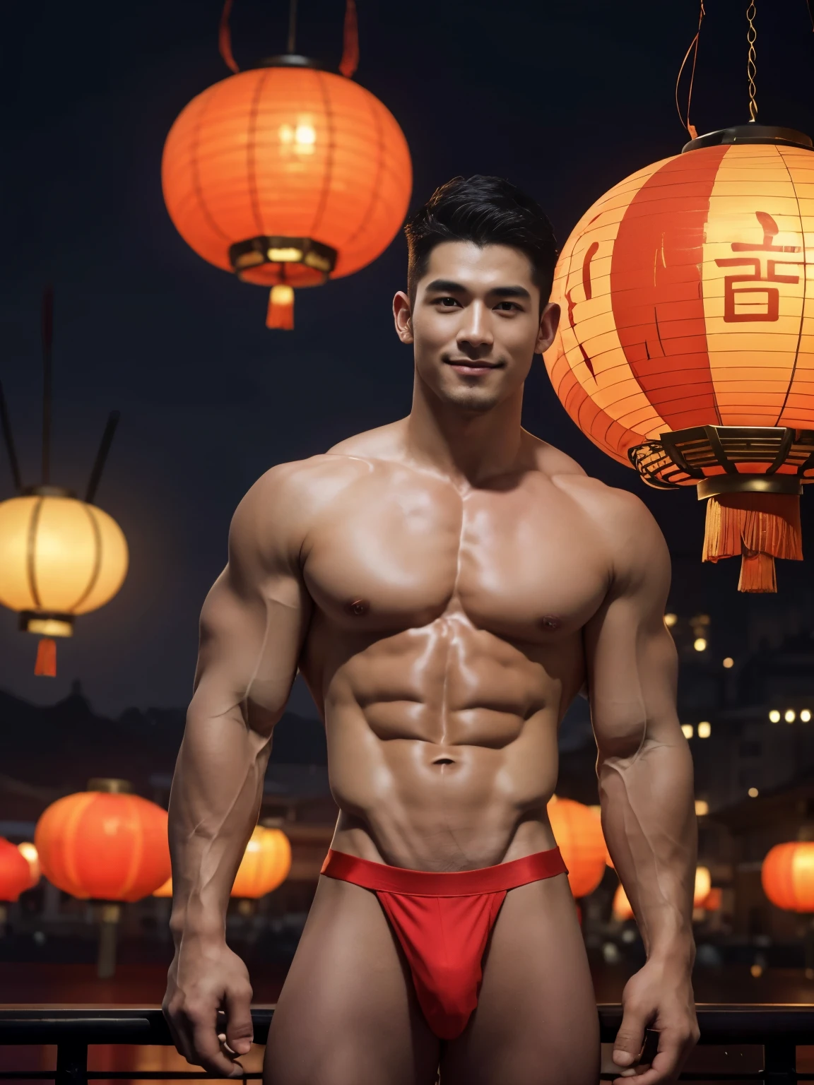 (photorealistic, masterpiece, best quality), handsome asian male, chinese man, smiling, young, slim athletic body, wearing nothing, athletic physique, slender, no body hair, wearing red small micro thong, artistic and magical background, chinese mythology, full moon in the sky, Chinese red lanterns in the background, Chinese dragon in the backdrop, lunar new year inspired, reds and golds, fantasy art,