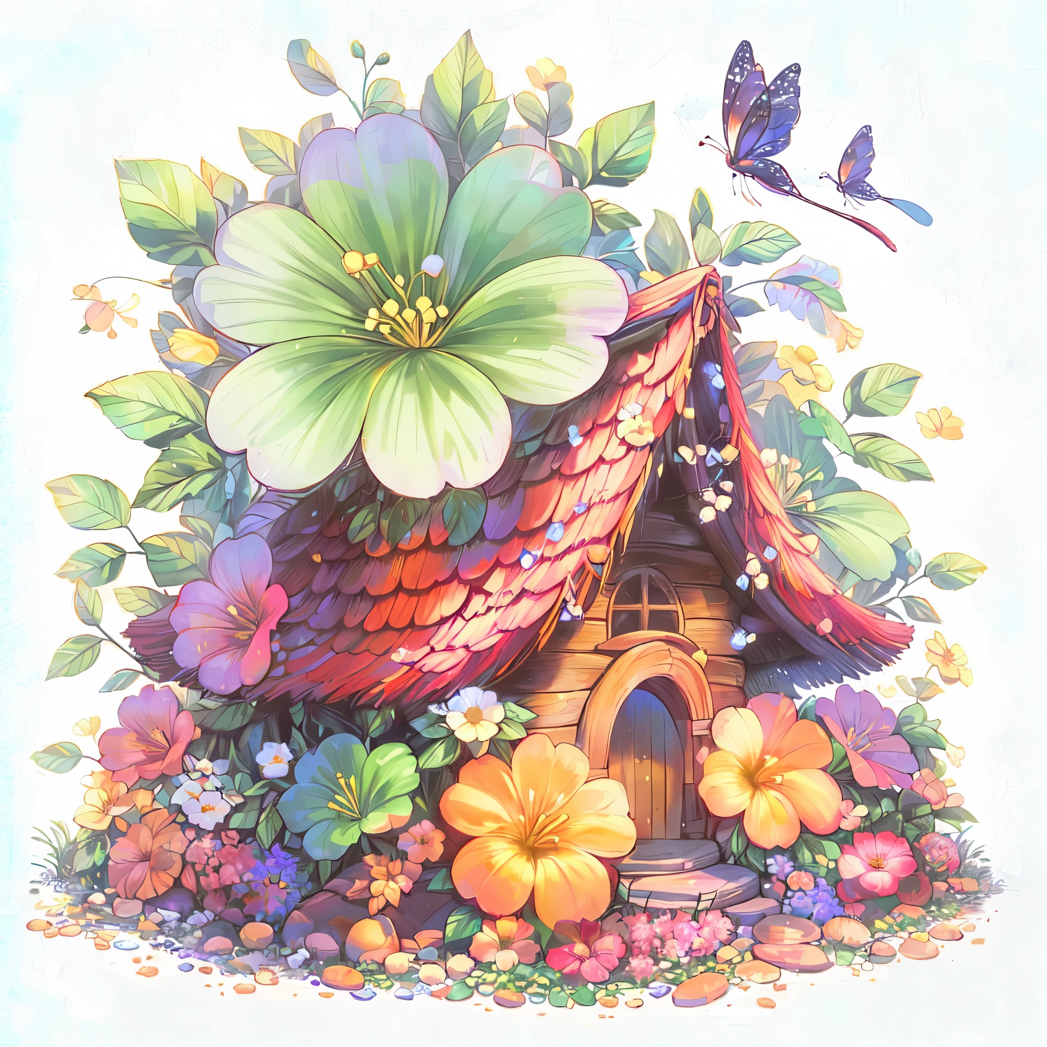 fairy home surrounded by beautiful flowers in a fairytale kingdom