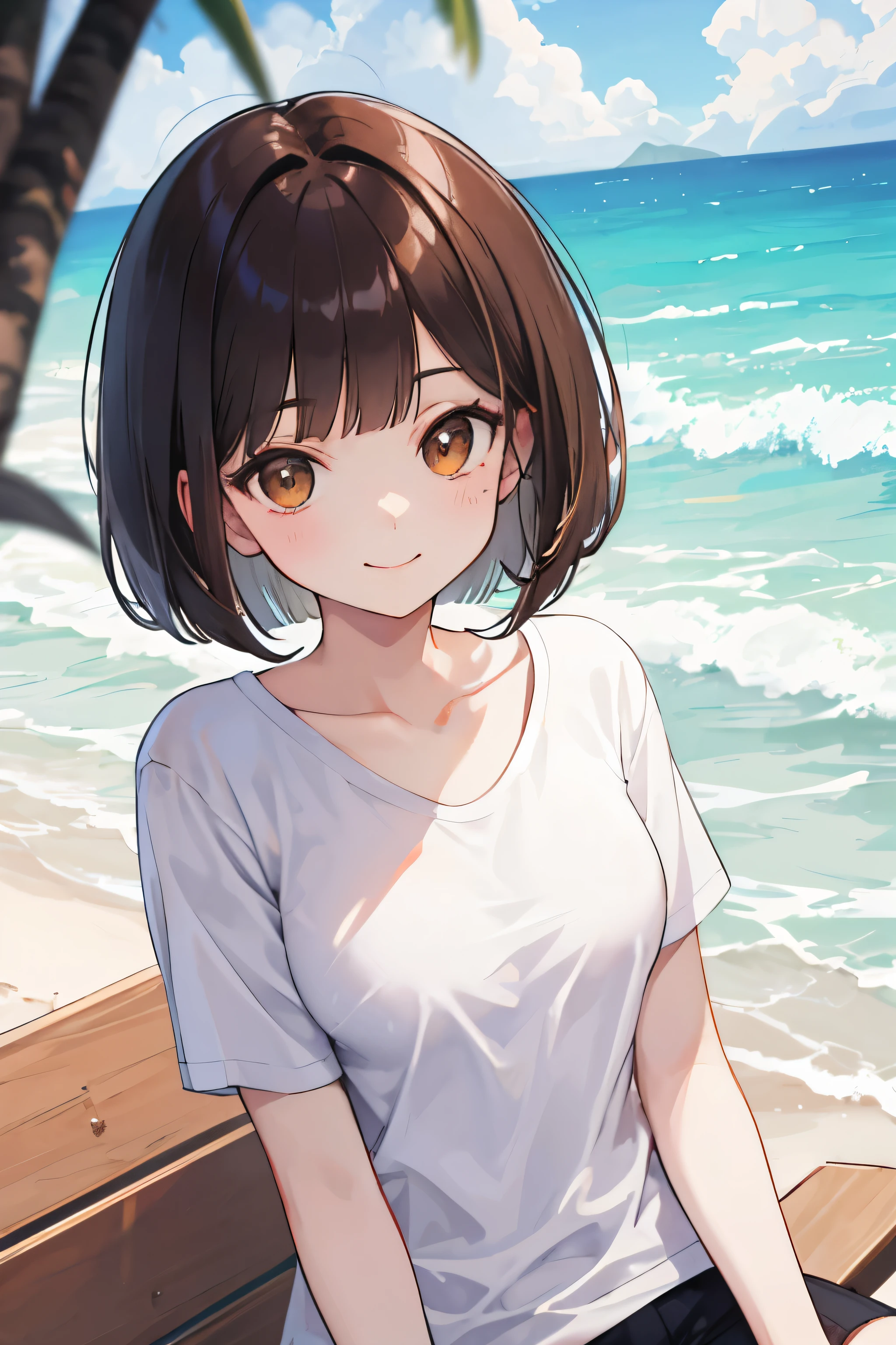 Frame-in, from the front of the face and body, look straight, Upper body, high quality, very high resolution, high quality, very high resolution, pretty girl, brown hair, amount, dull bangs, bob cut, brush up bangs, Wearing a plain T-shirt, medium breasts, upright, naughty way to sit, smile, on the beach
