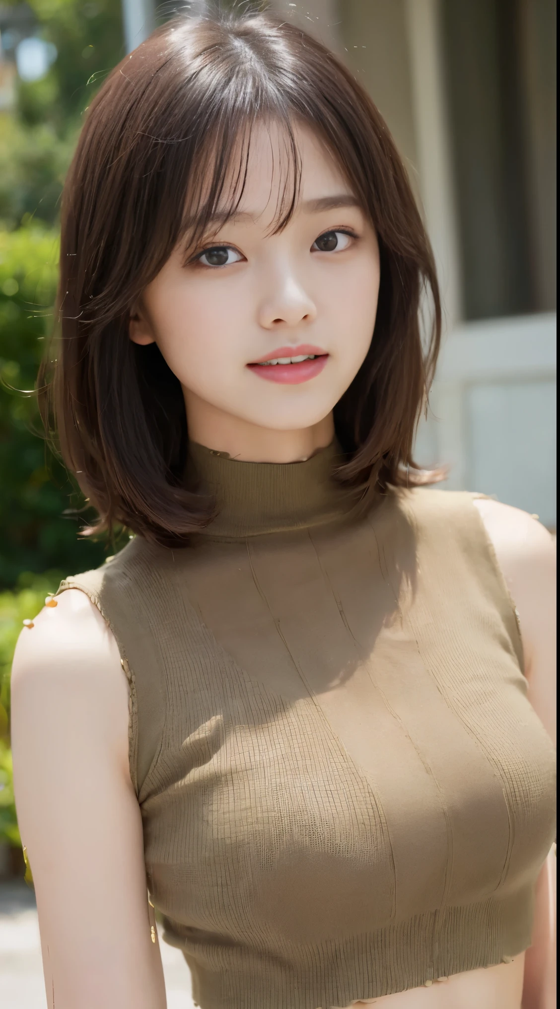 table top, highest quality, Photoreal, finely, High resolution, 8k wallpaper, perfect dynamic composition, beautiful and fine eyes, medium hair, big and full breasts, random sexy poses,chest to chest、(Mock Neck Crop Tank Top Khaki Knitwear)、(Breast bulge 1.2)、laughter、open your mouth、resort scenery、23 years old、(droopy eyes 1.4)、Adult beauty、Japanese
