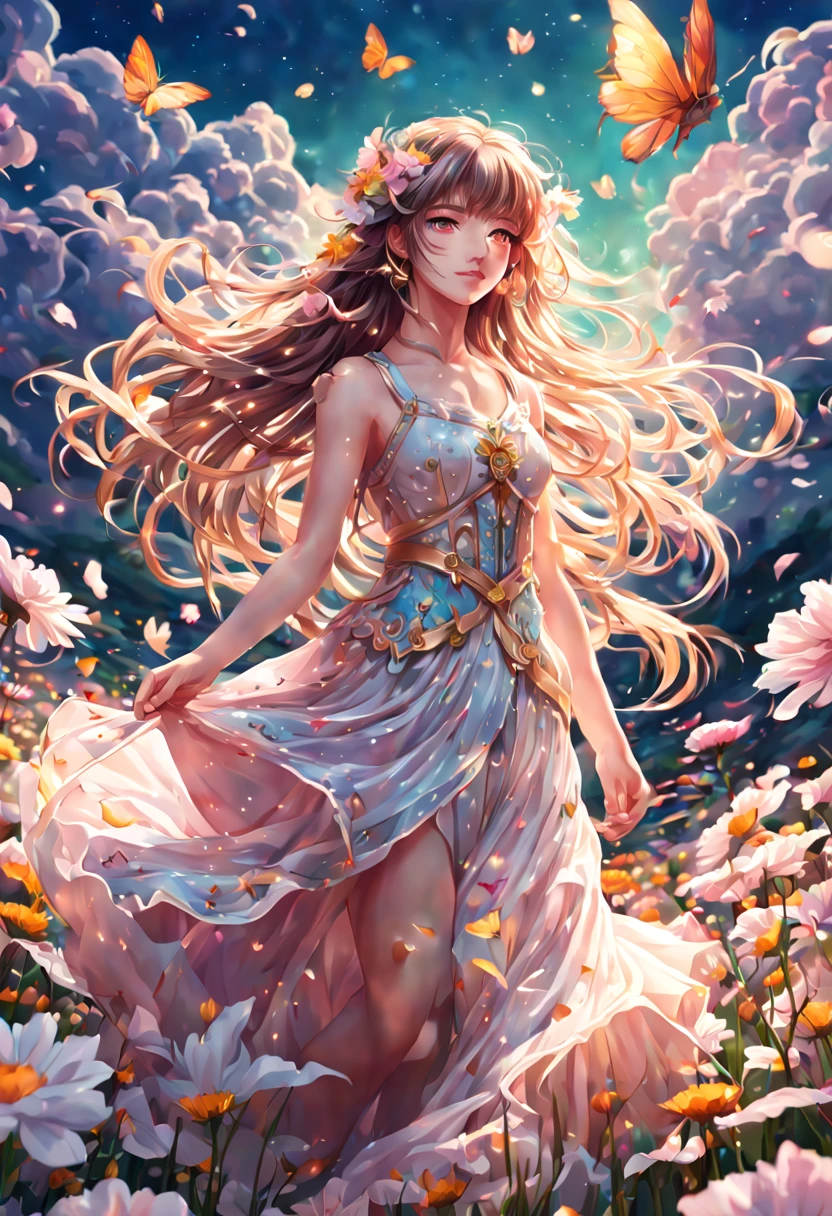 1girl, Digital illustration, Magical Girl in a Surreal Landscape, vibrant anime and fantasy art styles inspired by CLAMP and P.A. Works, the magical girl (hovers above a field of flowers, her flowing dress and long hair illuminated by a soft glow as sparkling petals swirl around her), shot on a high resolution digital camera with a 35mm lens from a three-quarter front view, rendered in crisp detail with atmospheric lighting effects, (masterpiece), (best quality), (ultra-detailed), illustration, disheveled hair, perfect composition, moist skin, intricate details, earrings