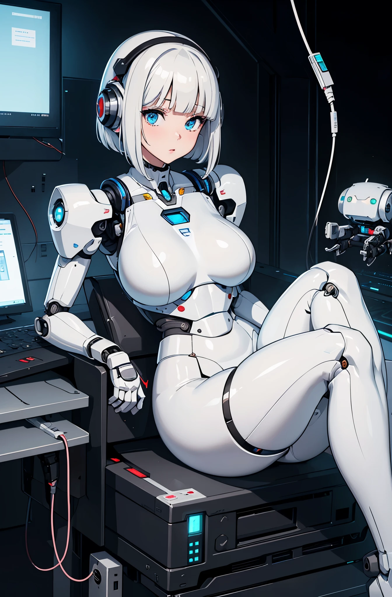 masterpiece, best quality, extremely detailed,  Japaese android girl,android teacher,Plump , control panels,android,Droid,Mechanical Hand, ,Robot arms and legs, Black hair,Mechanical body,Blunt bangs,White Robotics Parts,perfect robot woman,Charging spot,Long Tube,A thick cable was connected to her neck,ceramic body ,android,robot humanoid,a bit chubby,panty,full eyes,perfect mechanical body,white robotics body,future assembly plant,white body,She has repaired,black sponge joints,android assembly plant,android,laboratory,perfect machine body,white robot body,blue eyes