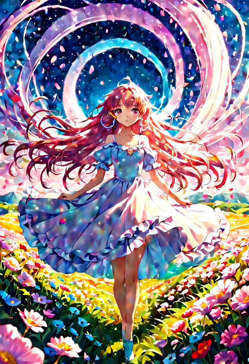 1girl, Digital illustration, Magical Girl in a Surreal Landscape, vibrant anime and fantasy art styles inspired by CLAMP and P.A. Works, the magical girl (hovers above a field of flowers, her flowing dress and long hair illuminated by a soft glow as sparkling petals swirl around her), shot on a high resolution digital camera with a 35mm lens from a three-quarter front view, rendered in crisp detail with atmospheric lighting effects, (masterpiece), (best quality), (ultra-detailed), illustration, disheveled hair, perfect composition, moist skin, intricate details, earrings