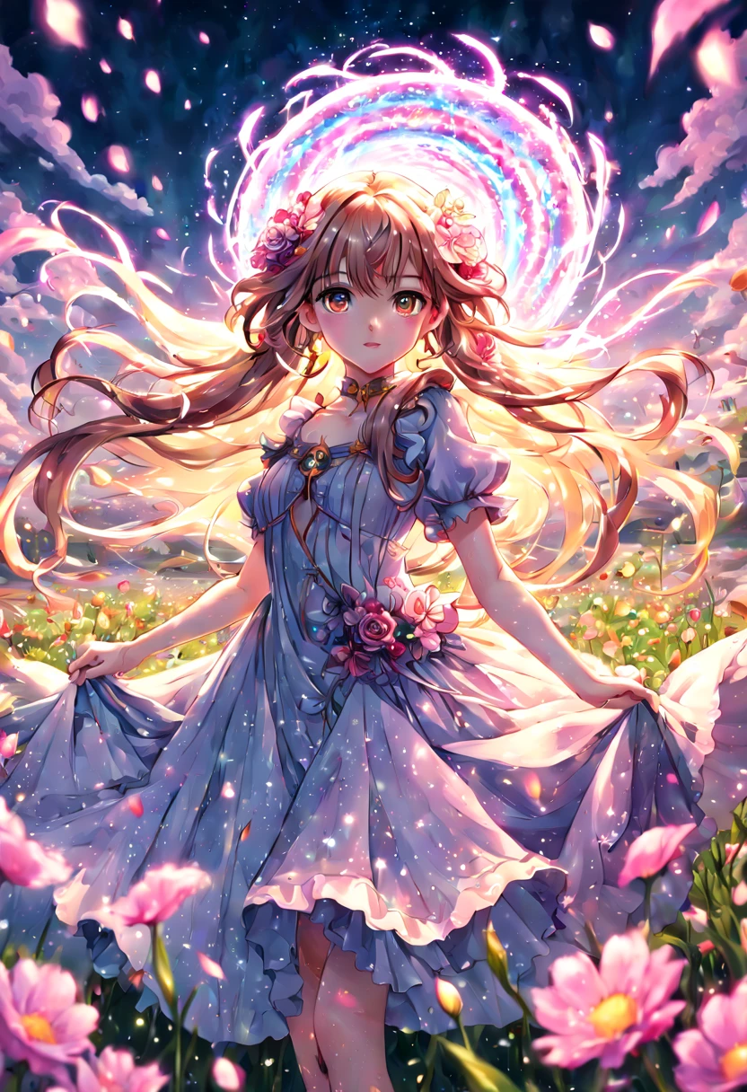 1girl, Digital illustration, Magical Girl in a Surreal Landscape, vibrant anime and fantasy art styles inspired by CLAMP and P.A. Works, the magical girl (hovers above a field of flowers, her flowing dress and long hair illuminated by a soft glow as sparkling petals swirl around her), shot on a high resolution digital camera with a 35mm lens from a three-quarter front view, rendered in crisp detail with atmospheric lighting effects, (masterpiece), (best quality), (ultra-detailed), illustration, disheveled hair, perfect composition, moist skin, intricate details, earrings