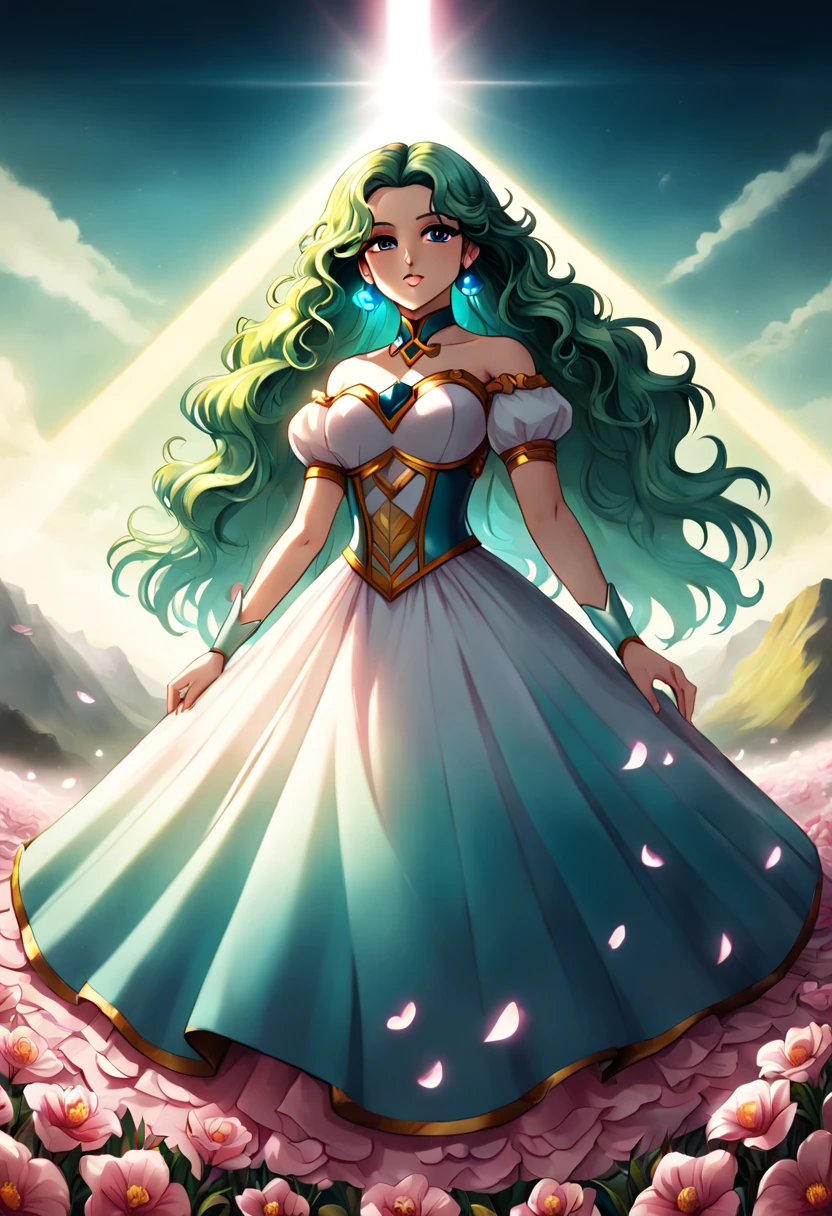 1girl, Digital illustration, Magical Girl in a Surreal Landscape, vibrant anime and fantasy art styles inspired by CLAMP and P.A. Works, the magical girl (hovers above a field of flowers, her flowing dress and long hair illuminated by a soft glow as sparkling petals swirl around her), shot on a high resolution digital camera with a 35mm lens from a three-quarter front view, rendered in crisp detail with atmospheric lighting effects, (masterpiece), (best quality), (ultra-detailed), illustration, disheveled hair, perfect composition, moist skin, intricate details, earrings