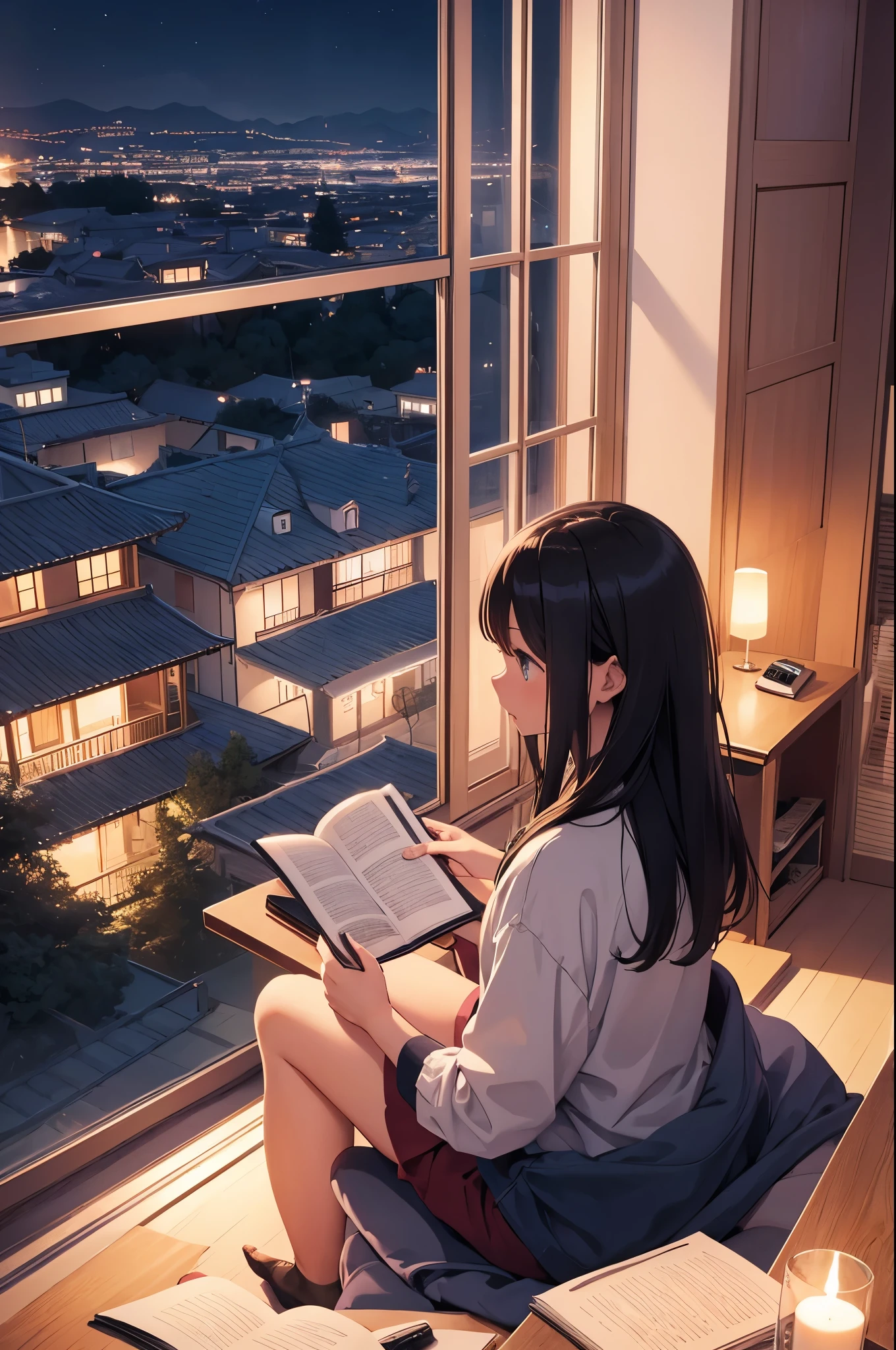 Girls studying、room、night view