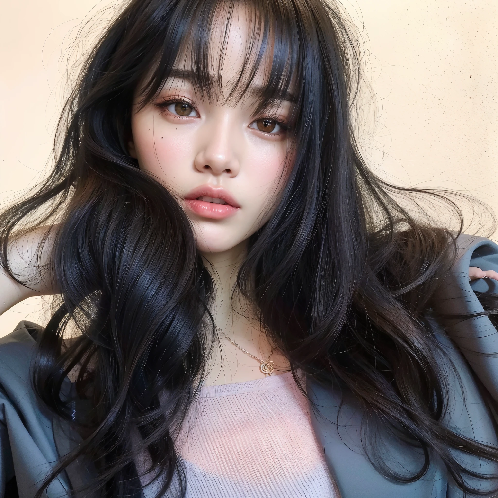 Mulher arafed com longos cabelos pretos e uma camisa rosa, Ulzzang, ela tem cabelo preto com franja, cabelo longo com franja, cabelo arrumado com franja, coreana, cabelo longo e escuro com franja, linda jovem coreana, young lovely korean face, cabelo preto longo com franja, linda jovem coreana, linda mulher sul-coreana, franja fofa, blackpink jennie, blackpink lisa, jennie