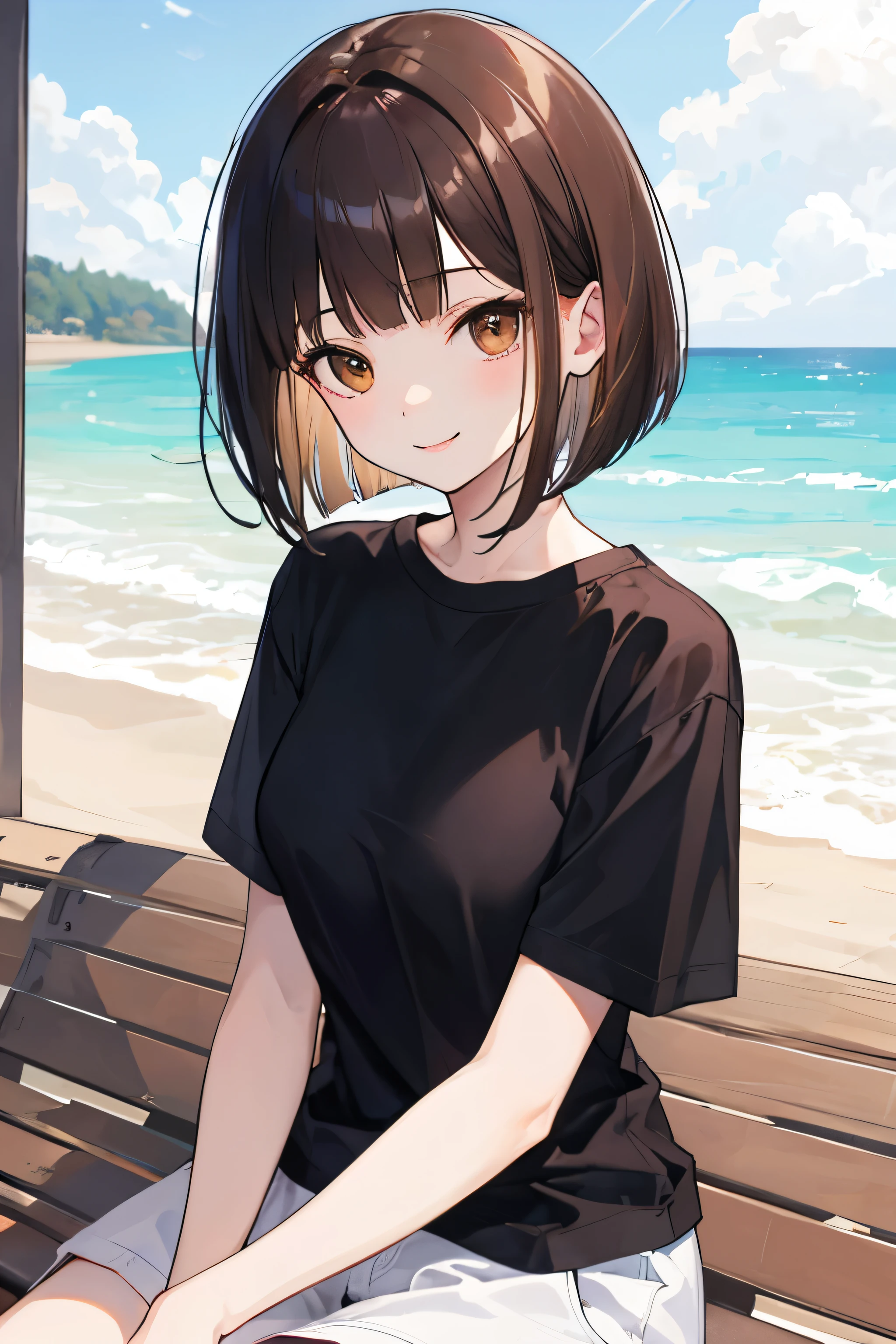 Frame-in, from the front of the face and body, look straight, Upper body, high quality, very high resolution, high quality, very high resolution, pretty girl, brown hair, amount, dull bangs, bob cut, brush up bangs, Wearing a plain T-shirt, medium breasts, upright, naughty way to sit, smile, on the beach