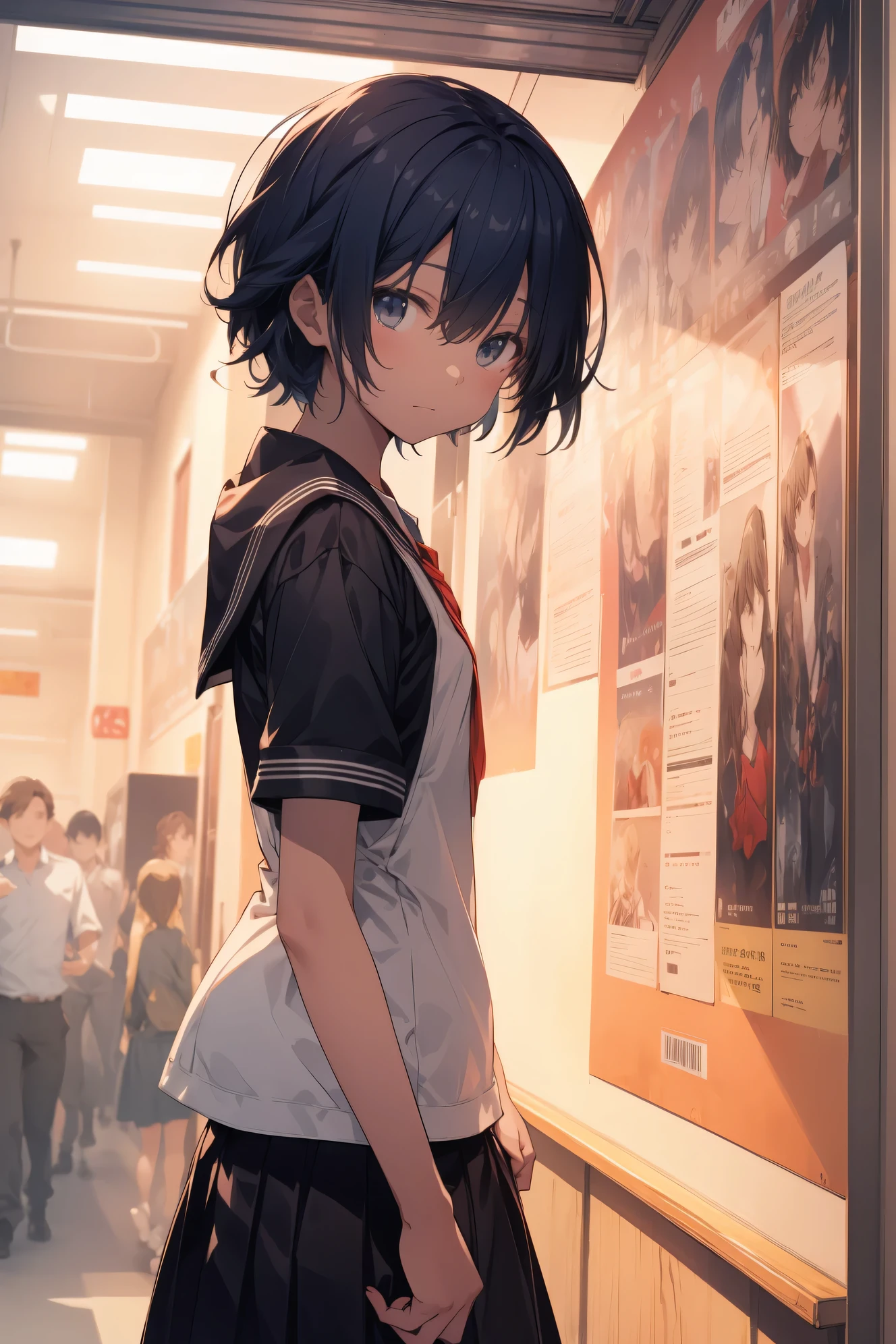 Super high quality by the art god, super detailed, High resolution, Shinkai Makoto style, anime moe art style, best anime 8K konachan wallpaper, pixiv contest winner, perfect anatomy, break,(眠そうにalone学校へ行く女の子を描いてください. ),break, 1 girl, (alone,little woman, lolita, , :1.3),All limbs, full finger,, androgynous charm, (very short hair), flat chest, Because I'm slender, small ass, between legs, Small black eyes, beautiful and fine eyes, Well-proportioned iris and pupils, expressive eyes,disgusted eyes, High resolutionの詳細な髪, wearing school uniform, (skirt),(detailed lighting), (detailed background), On the way to school. break,super dense skin, Best lighting by famous artists, 8K, figure,UHD, rough skin