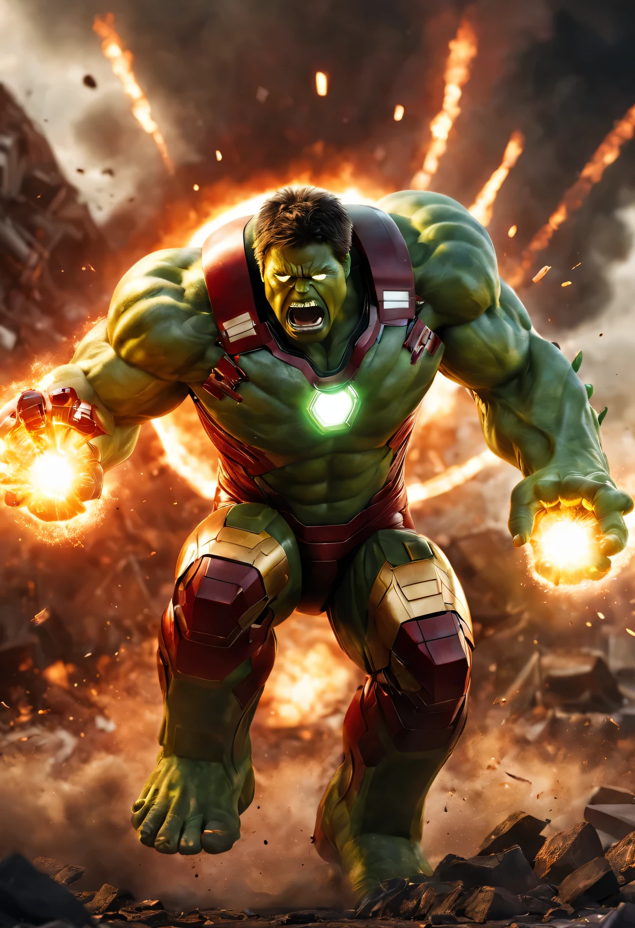 Incredible Hulk Iron Man Warrior,illustration,[best quality,4K,8k,high resolution,masterpiece:1.2],Super detailed,(actual,photoactual,photo-actual:1.37),powerful anger,Superhuman strength,fierce battle scenes,heavy metal armor,green skinned monster,Advanced technology,Explosions and fragments,glowing repulsion beam,sharp focus,heroic gesture,full of action,fiery explosion,light arc reactor,bright colors,dynamic composition,sharp contrast,stunning details,dramatic lighting