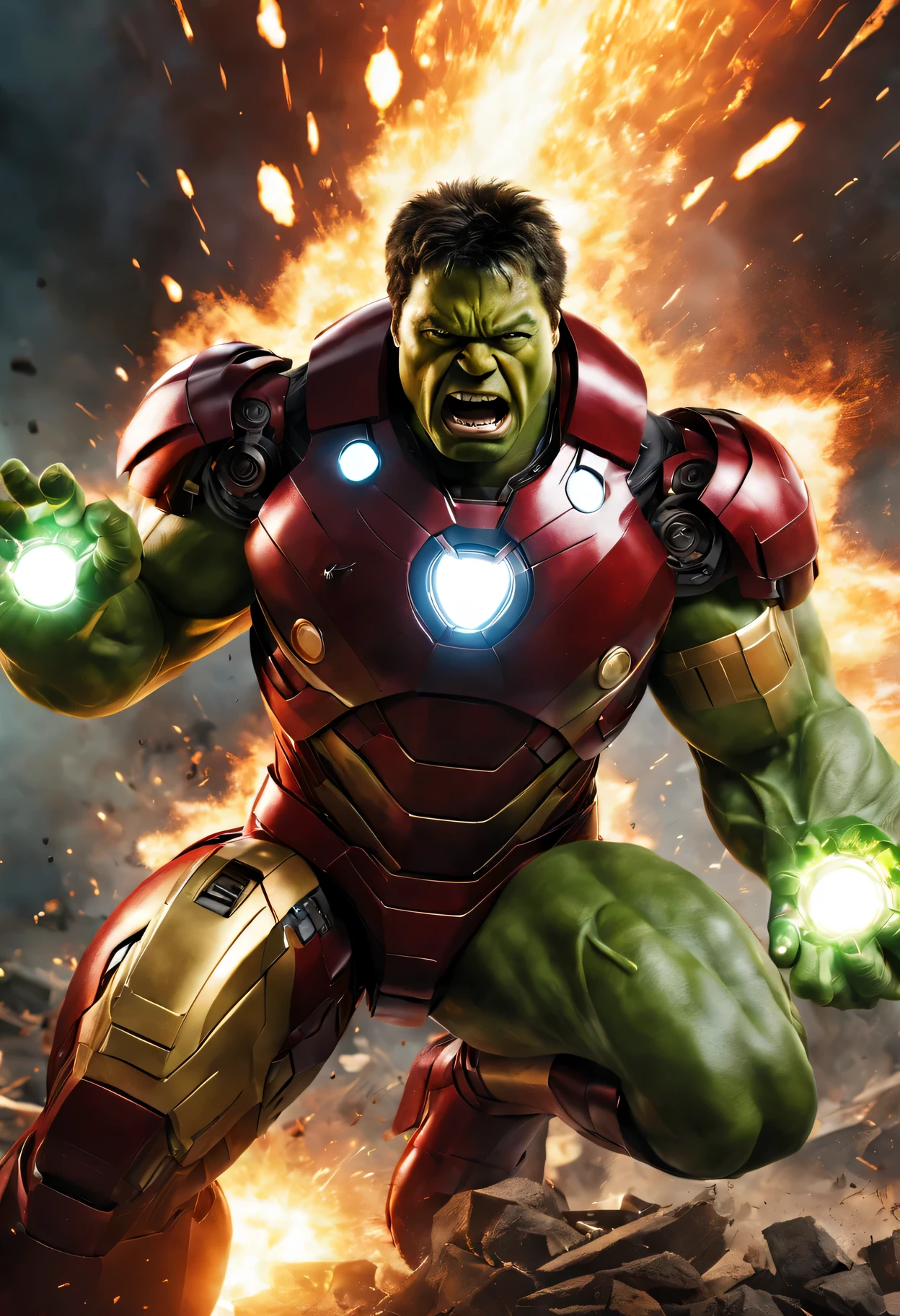 Incredible Hulk Iron Man Warrior,illustration,[best quality,4K,8k,high resolution,masterpiece:1.2],Super detailed,(actual,photoactual,photo-actual:1.37),powerful anger,Superhuman strength,fierce battle scenes,heavy metal armor,green skinned monster,Advanced technology,Explosions and fragments,glowing repulsion beam,sharp focus,heroic gesture,full of action,fiery explosion,light arc reactor,bright colors,dynamic composition,sharp contrast,stunning details,dramatic lighting