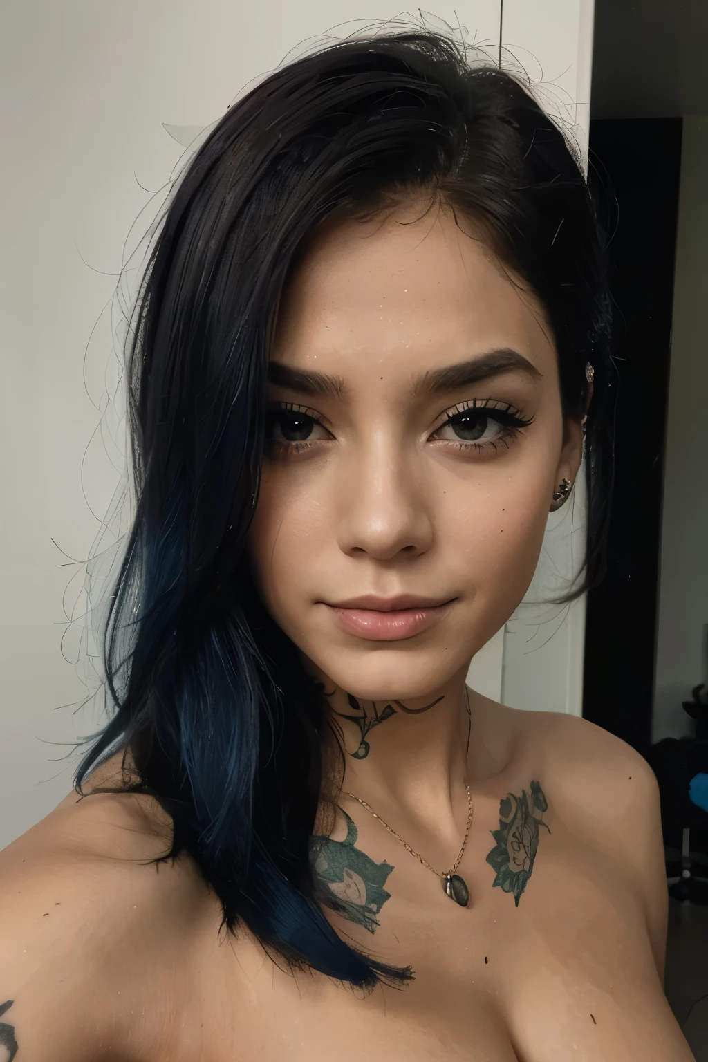 crie uma cantora tatuada com cabelo azul