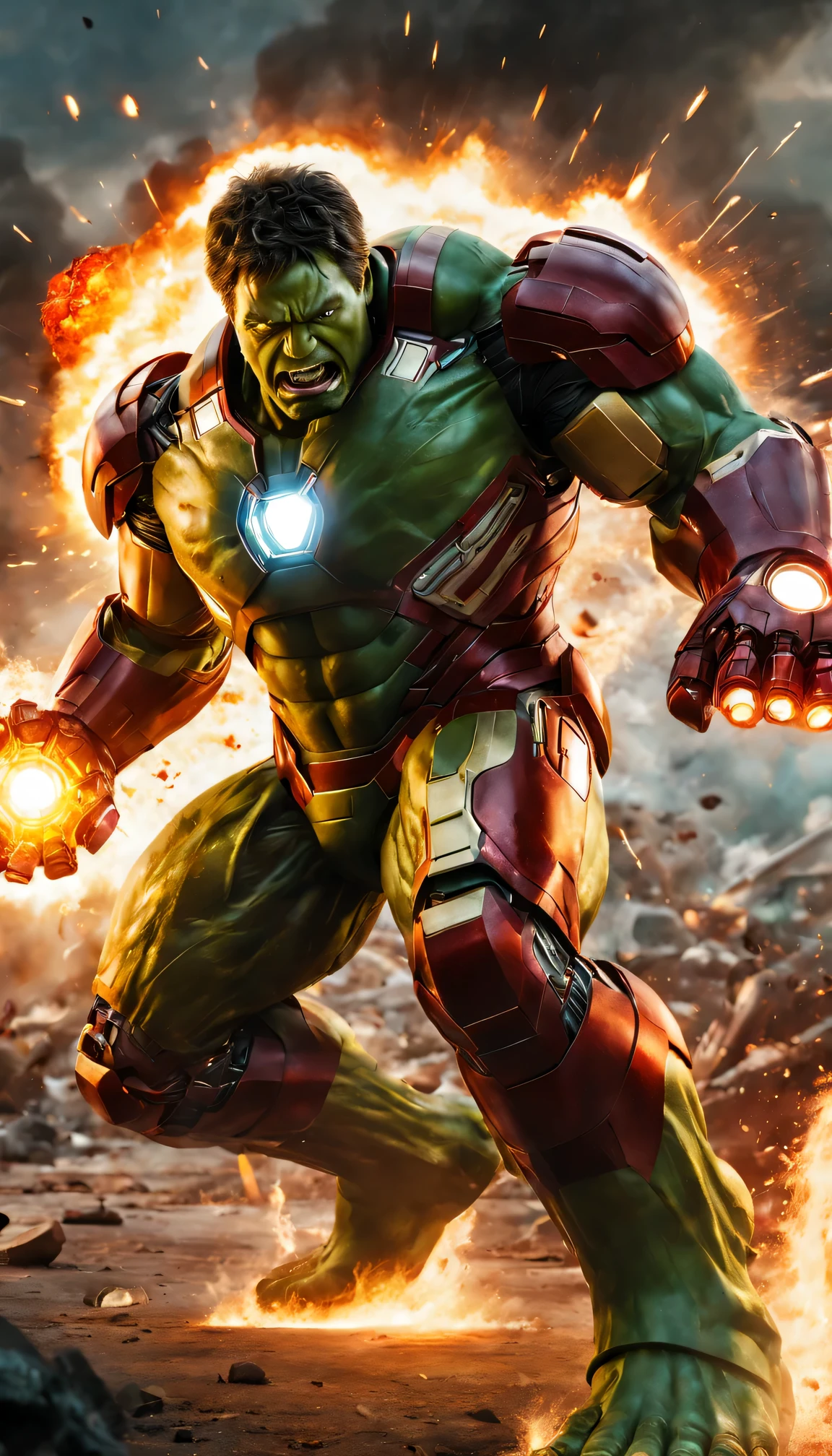 Incredible Hulk Iron Man Warrior,illustration,[best quality,4K,8k,high resolution,masterpiece:1.2],Super detailed,(actual,photoactual,photo-actual:1.37),powerful anger,Superhuman strength,fierce battle scenes,heavy metal armor,green skinned monster,Advanced technology,Explosions and fragments,glowing repulsion beam,sharp focus,heroic gesture,full of action,fiery explosion,light arc reactor,bright colors,dynamic composition,sharp contrast,stunning details,dramatic lighting