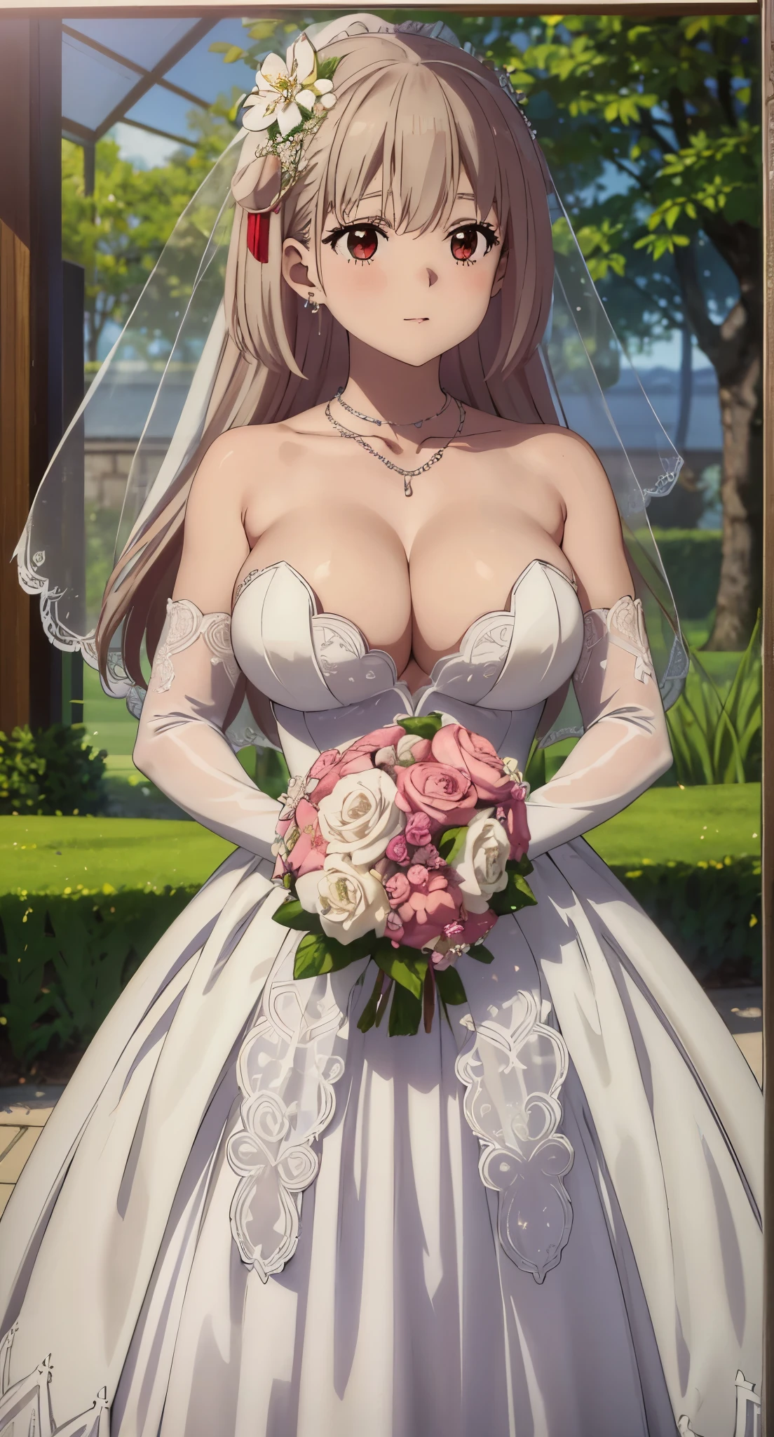 (((Pixel perfect, Perfect details))), alone, 1 girl, Chisato Nishiki,
1 girl, 20 years old,young women,Close-up of beautiful bride wearing beautiful bridal dress,Guwitz,(Transparent short veil:1.5),Blushed,Head flower,headgear,(bandeau wedding dress:1.5),(Silk dress:1.2),(Strapless wedding dress:1.5),pure white dress,necklace,earrings,(large breasts:1.3),Deep V peach heart collar wedding dress,through bangs,lipstick,(lace gloves:1.3),