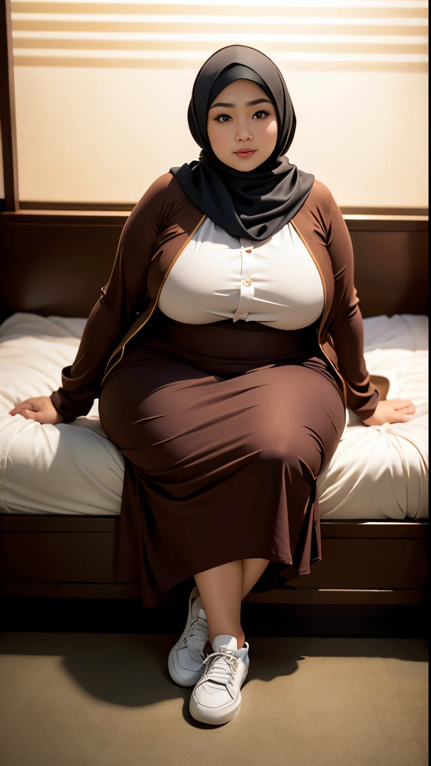 there is a woman sitting down with a longest brown hijab, bbwchan, thicc, brown hijab outfit, brown hijab fashion model, korean girl, korean woman, wearing brown robe, full length shot, alluring plus sized model, japanese goddess, clothed in hooded, voluptuous and arousing, portrait shot, curvy model, voluptuous body, wonderful, nene tanaka body , bbwchan, The overall atmosphere is smooth , haunting illustrations, extremely high-resolution details, photographic, realism pushed to extreme, fine texture, 4k, ultra-detailed, high quality, high contrast, red Color sneakers 