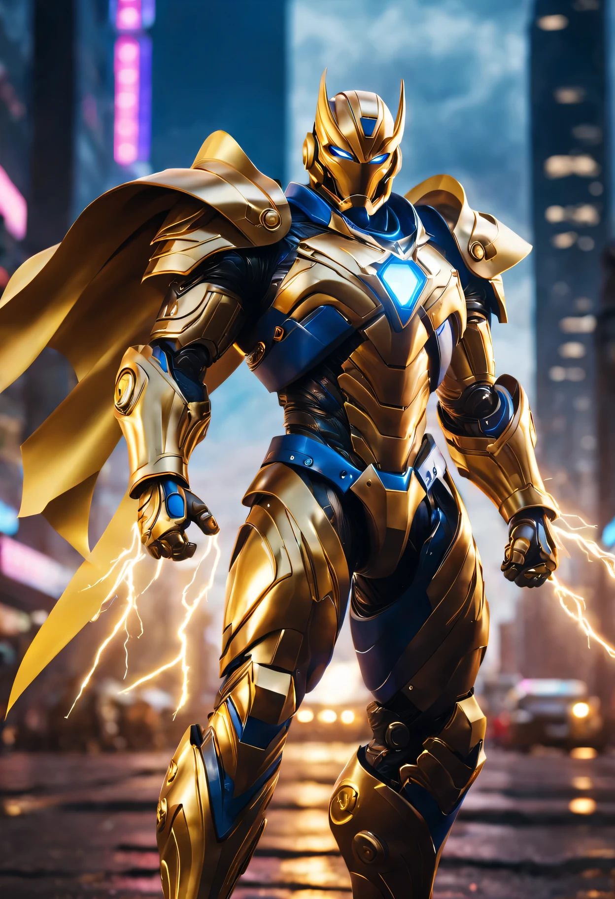 （best quality，4K，masterpiece：1.2），Super fine，lifelike，Physically based rendering，main，bright colors，Defocused，Mechanical Warrior，metall armour，Golden cloak，The surface is smooth and shiny，detailed facial features，bright glowing eyes，Combat-ready pose，Stormy and dramatic background，Heroic and powerful aura，majestic，Lightning shoots out of hands、Chung、Sparkling mechanical wings、complex mechanical component、city View、skyscraper、night environment、neon lights、Blue and gold color scheme、cosmic energy rotation、adrenaline fueled action、Technological progress、A confident and determined expression。